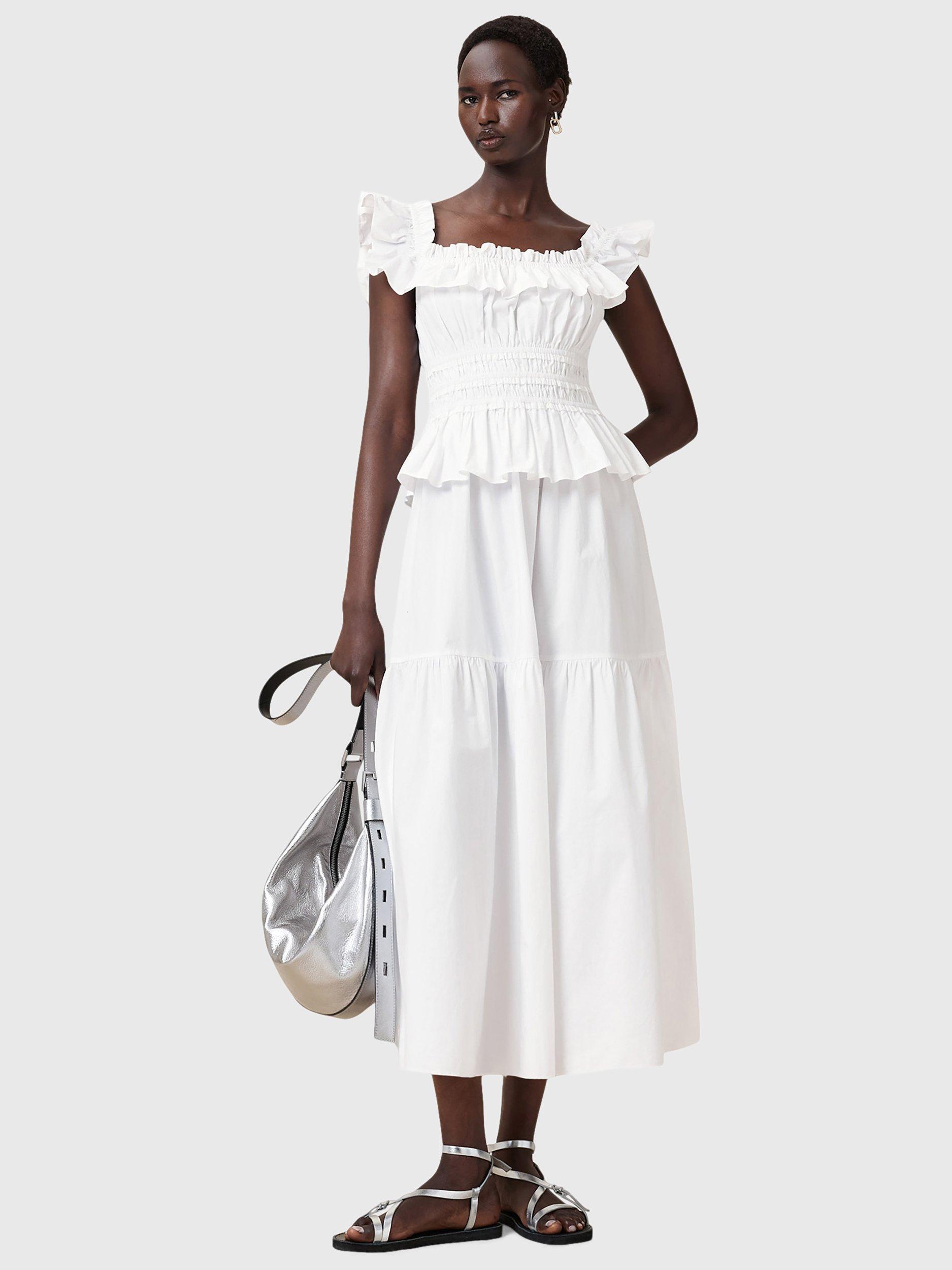 Product image 1 of 9, which shows AllSaints Halia Ruffle Maxi Dress, Optic White, 8