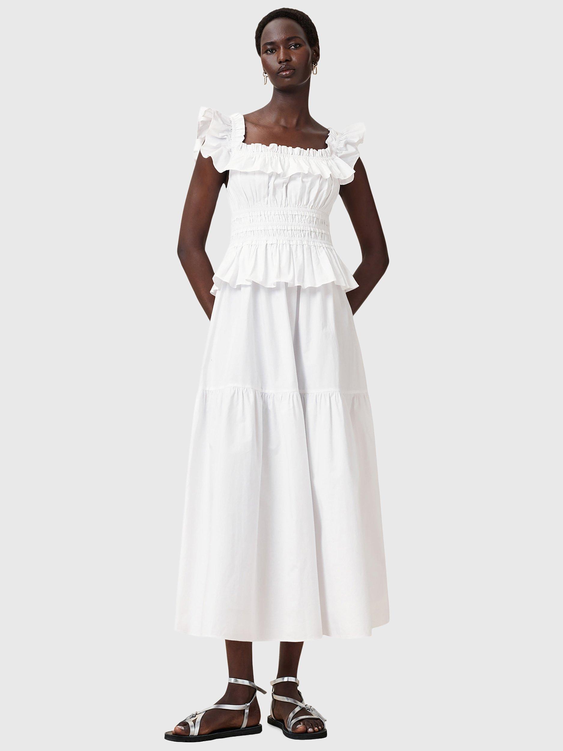 Product image 3 of 9, which shows AllSaints Halia Ruffle Maxi Dress, Optic White, 8