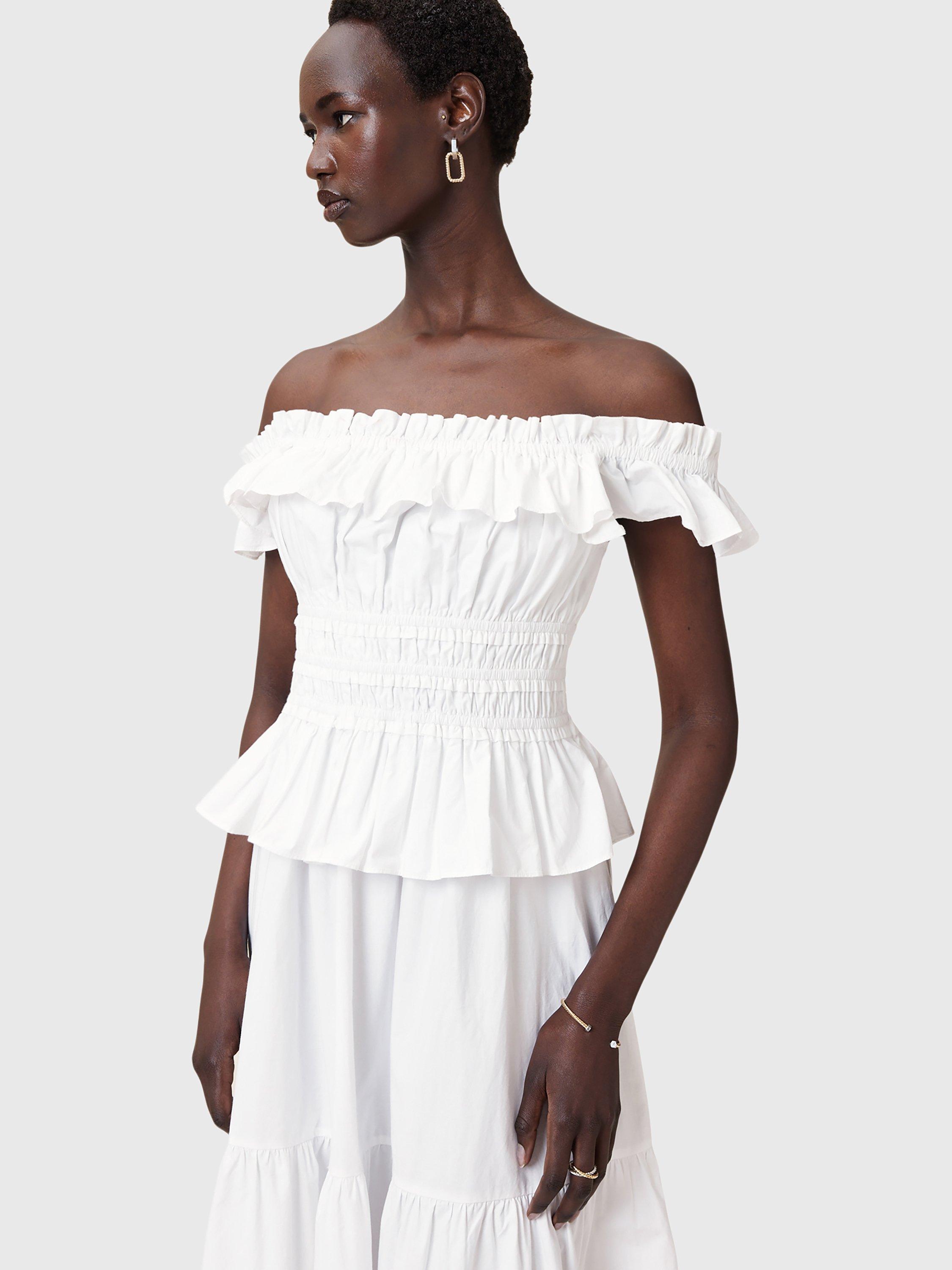 Product image 6 of 9, which shows AllSaints Halia Ruffle Maxi Dress, Optic White, 8