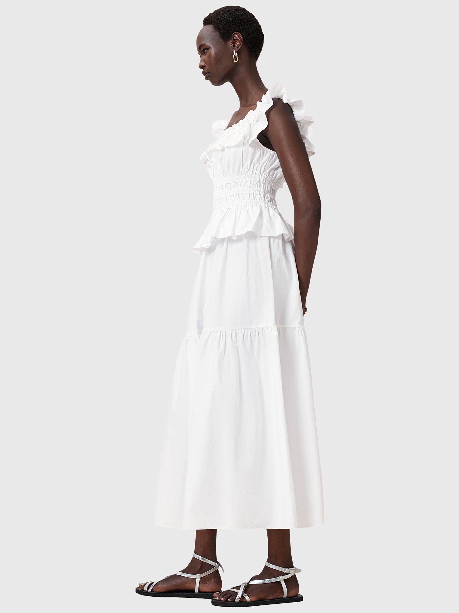 Product image 7 of 9, which shows AllSaints Halia Ruffle Maxi Dress, Optic White, 8
