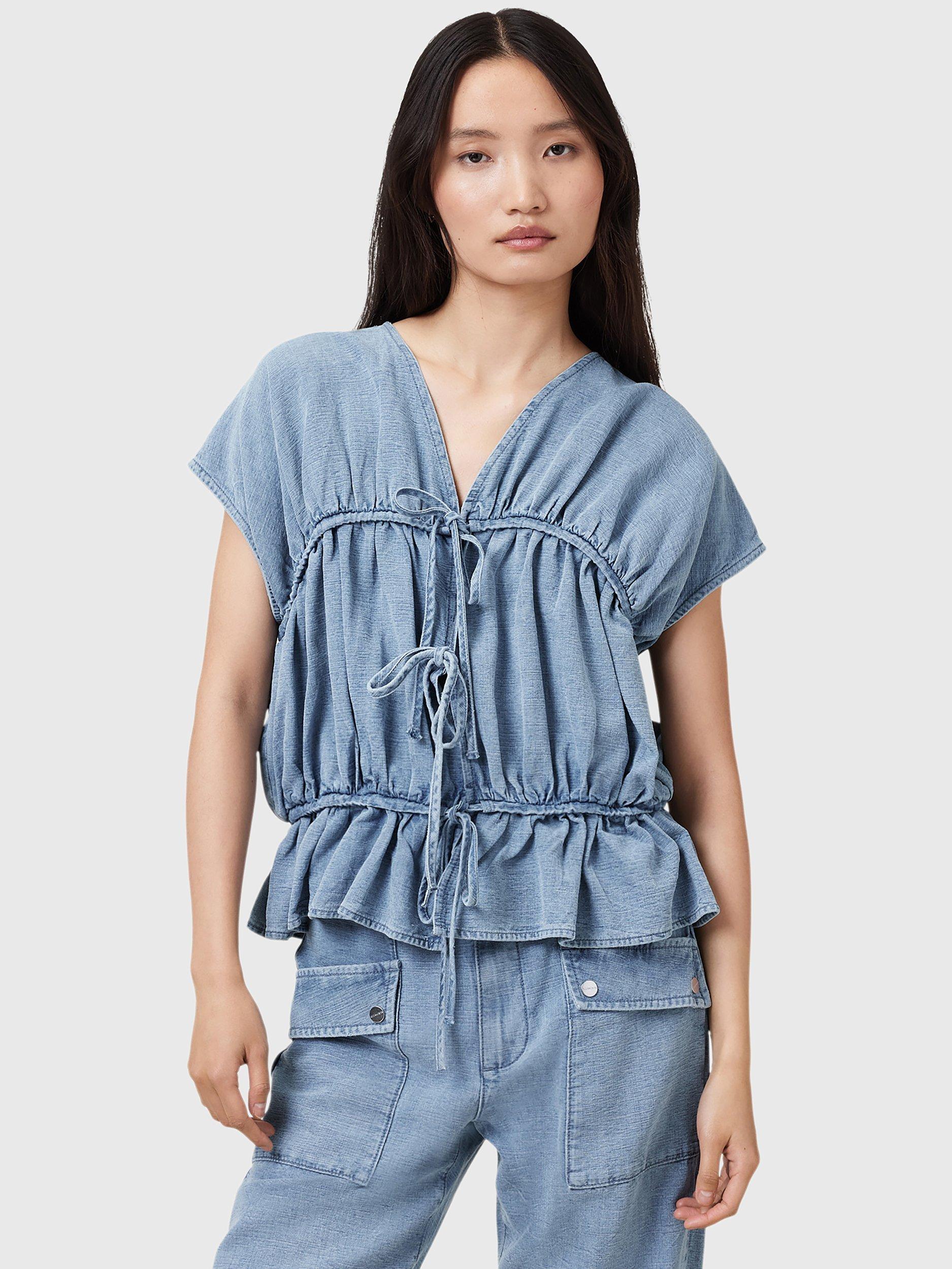 Product image 1 of 8, which shows AllSaints Remy V Neck Blouse, Light Blue, 10