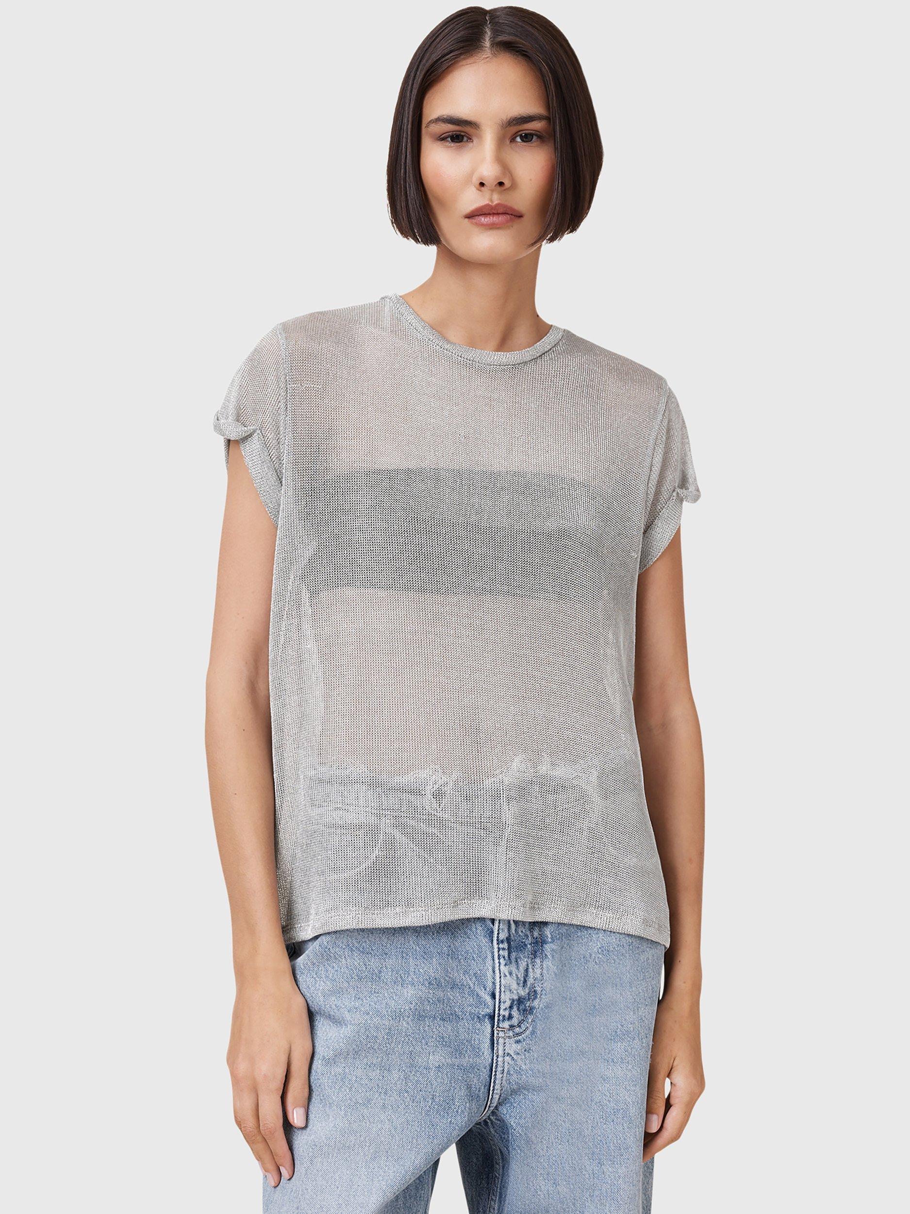 Product image 1 of 7, which shows AllSaints Thea Sparkle Mesh Top, Silver, S