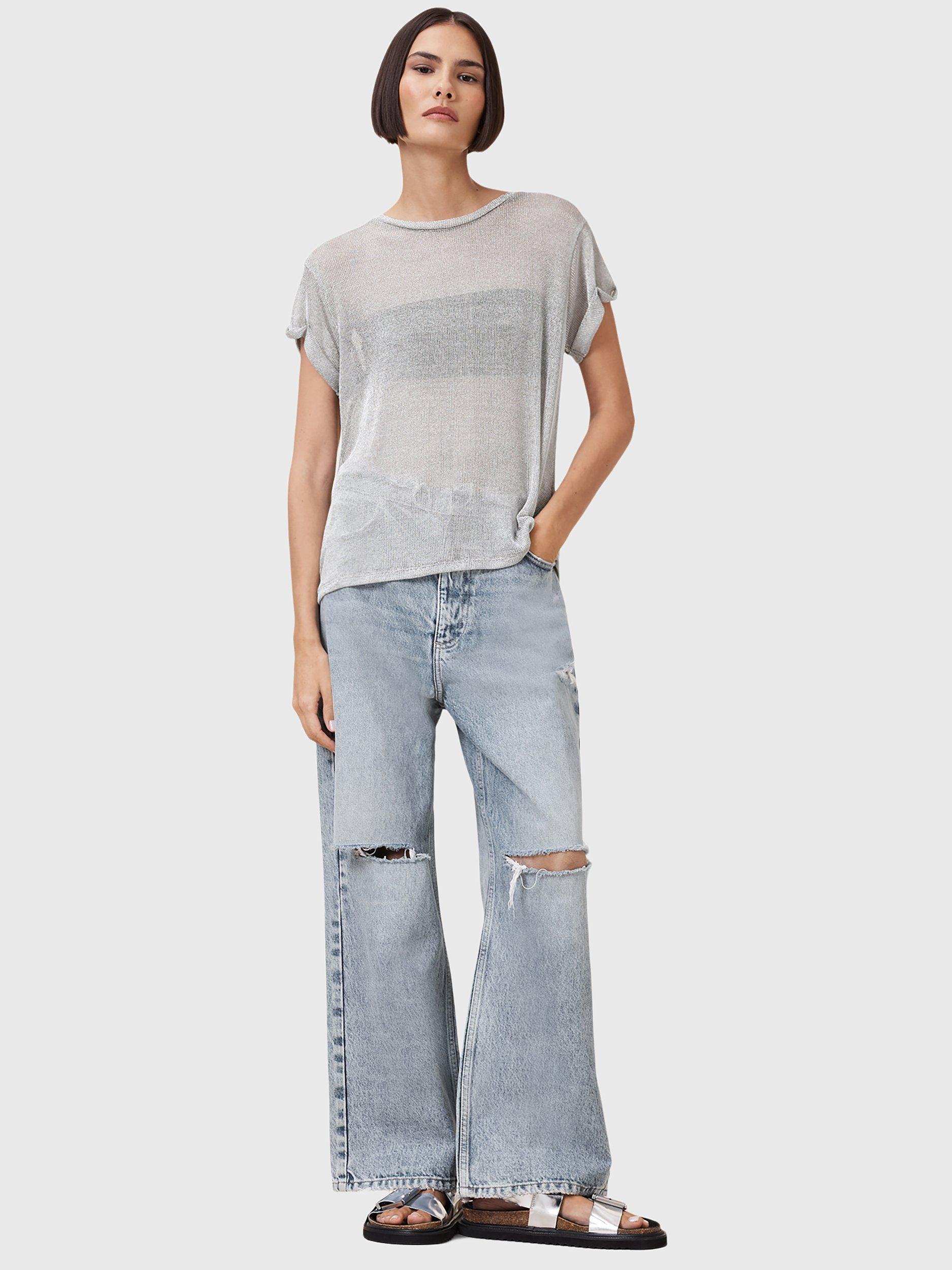 Product image 3 of 7, which shows AllSaints Thea Sparkle Mesh Top, Silver, S