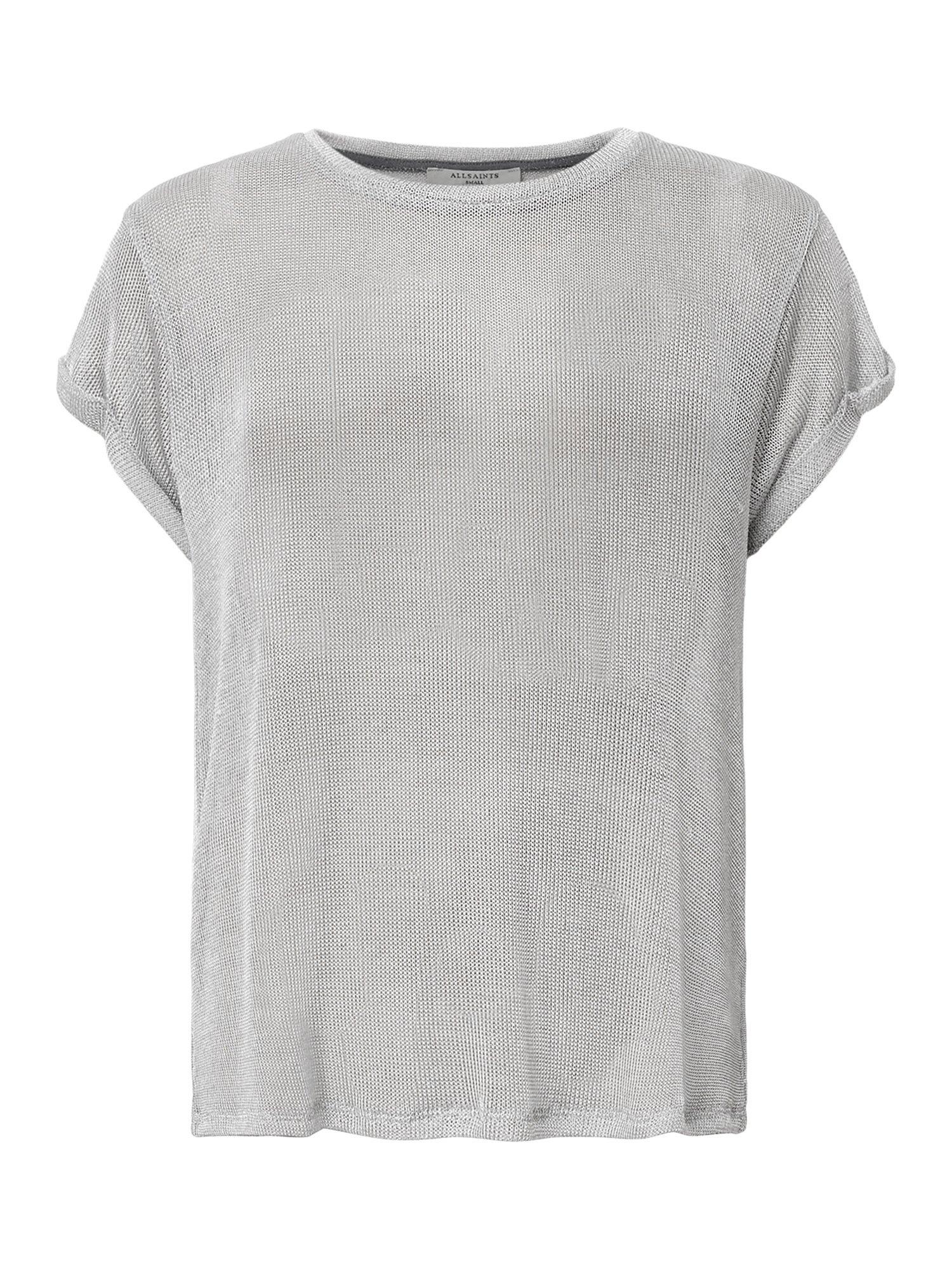Product image 4 of 7, which shows AllSaints Thea Sparkle Mesh Top, Silver, S