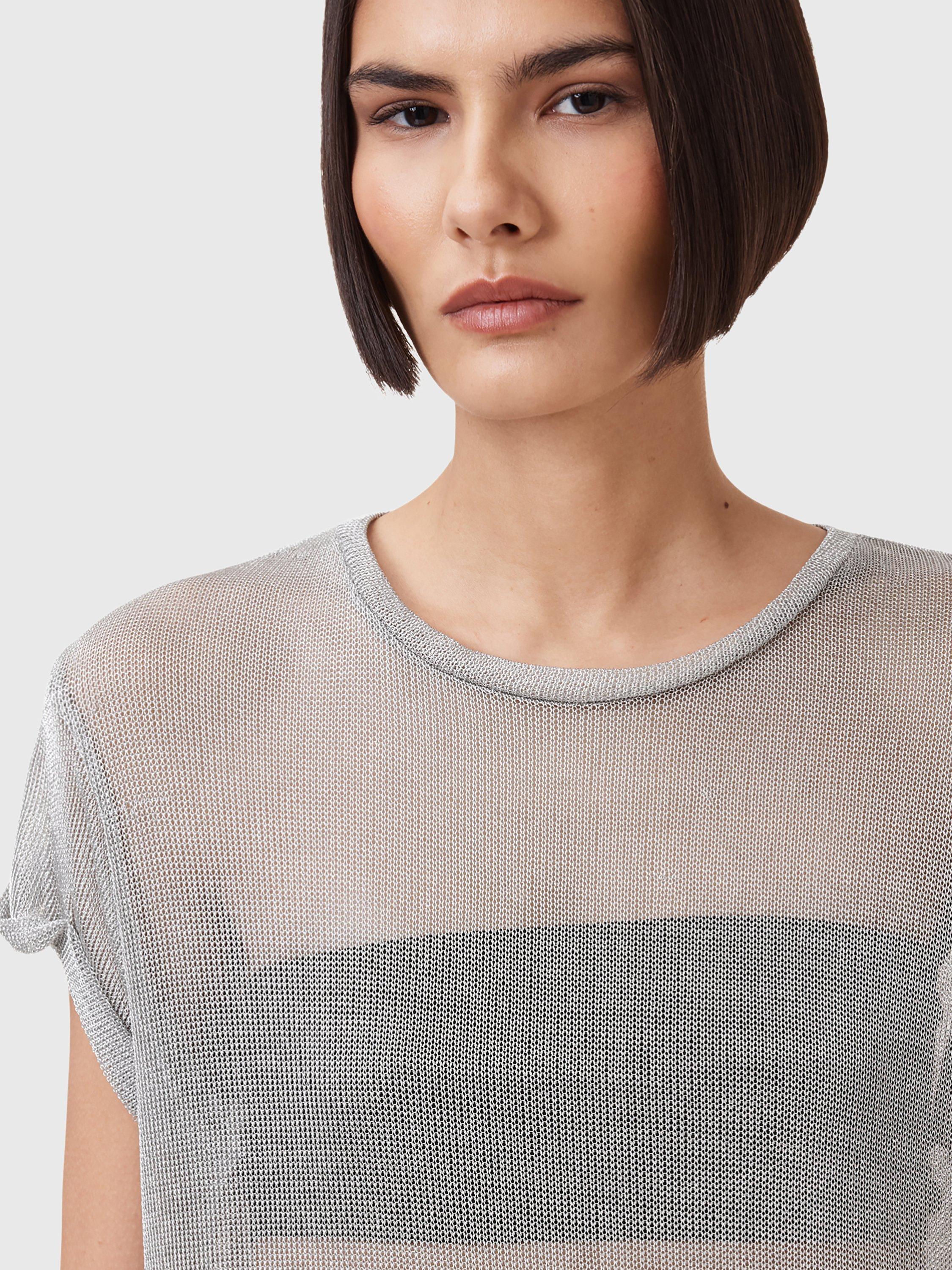 Product image 5 of 7, which shows AllSaints Thea Sparkle Mesh Top, Silver, S