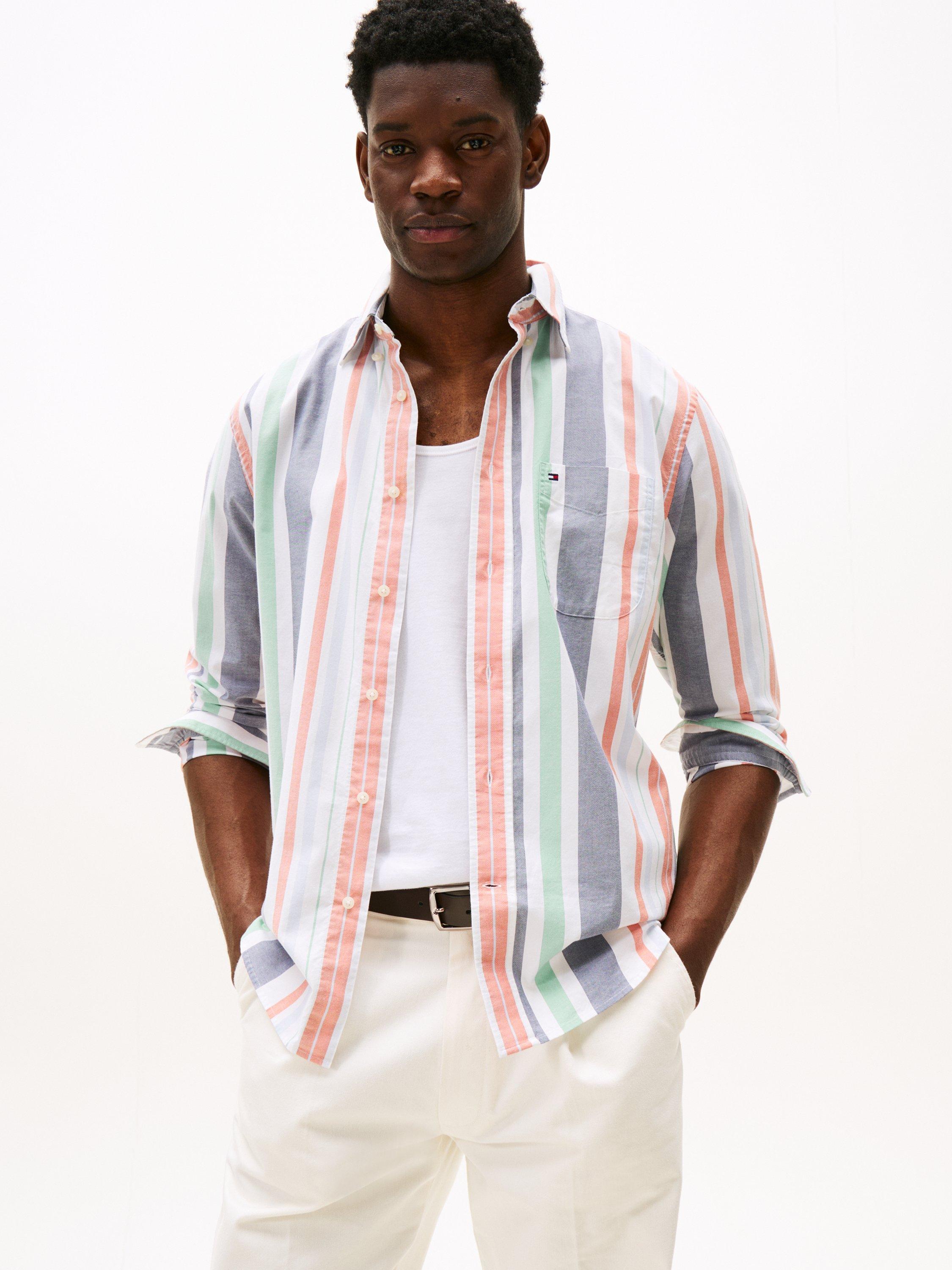 Tommy Hilfiger Striped Regatta Oxford Cotton Blend Shirt, Orange/Multi