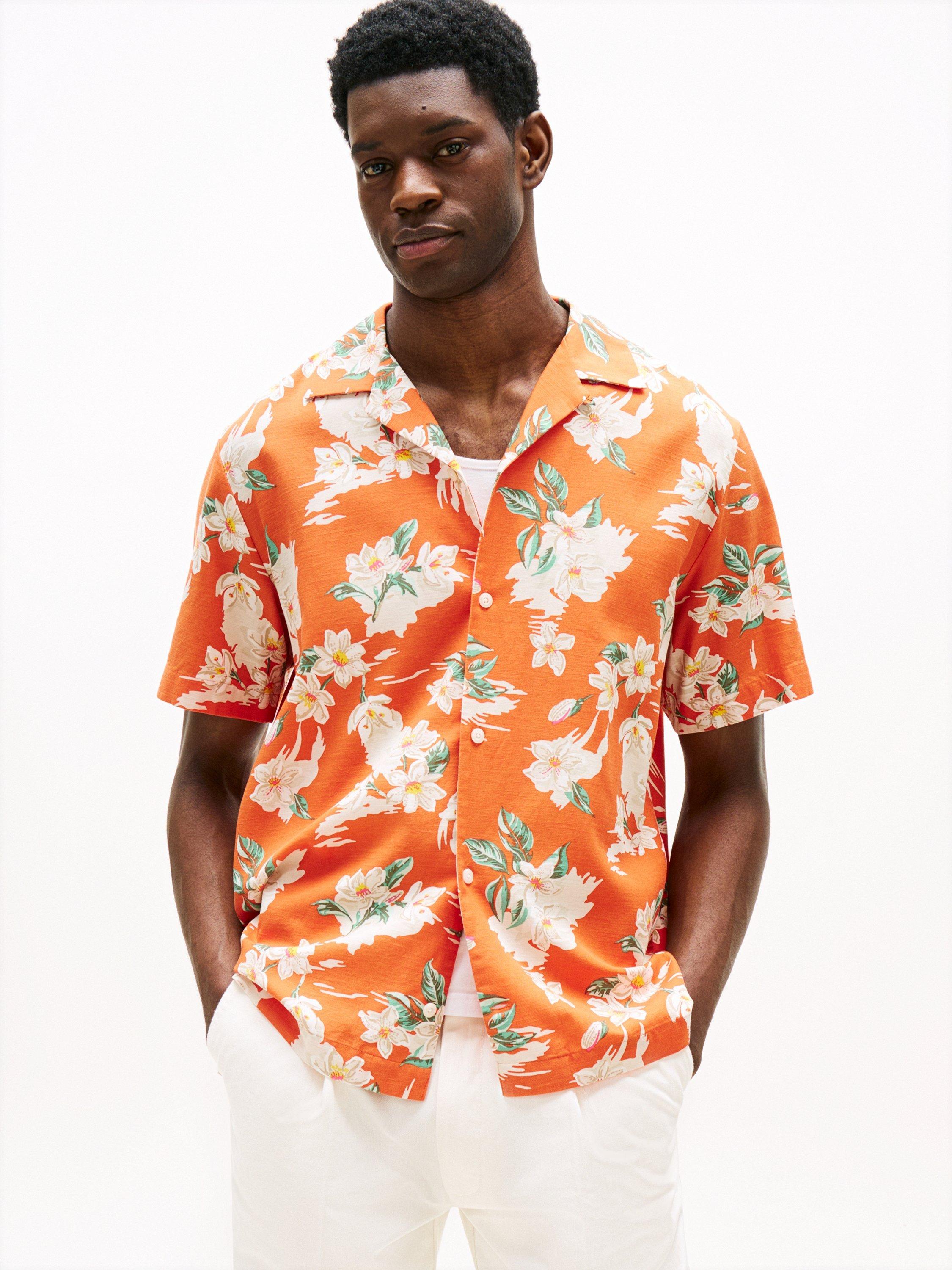 Product image 1 of 5, which shows Tommy Hilfiger Short Sleeve Lightweight Floral Print Shirt, Orange/Multi, M