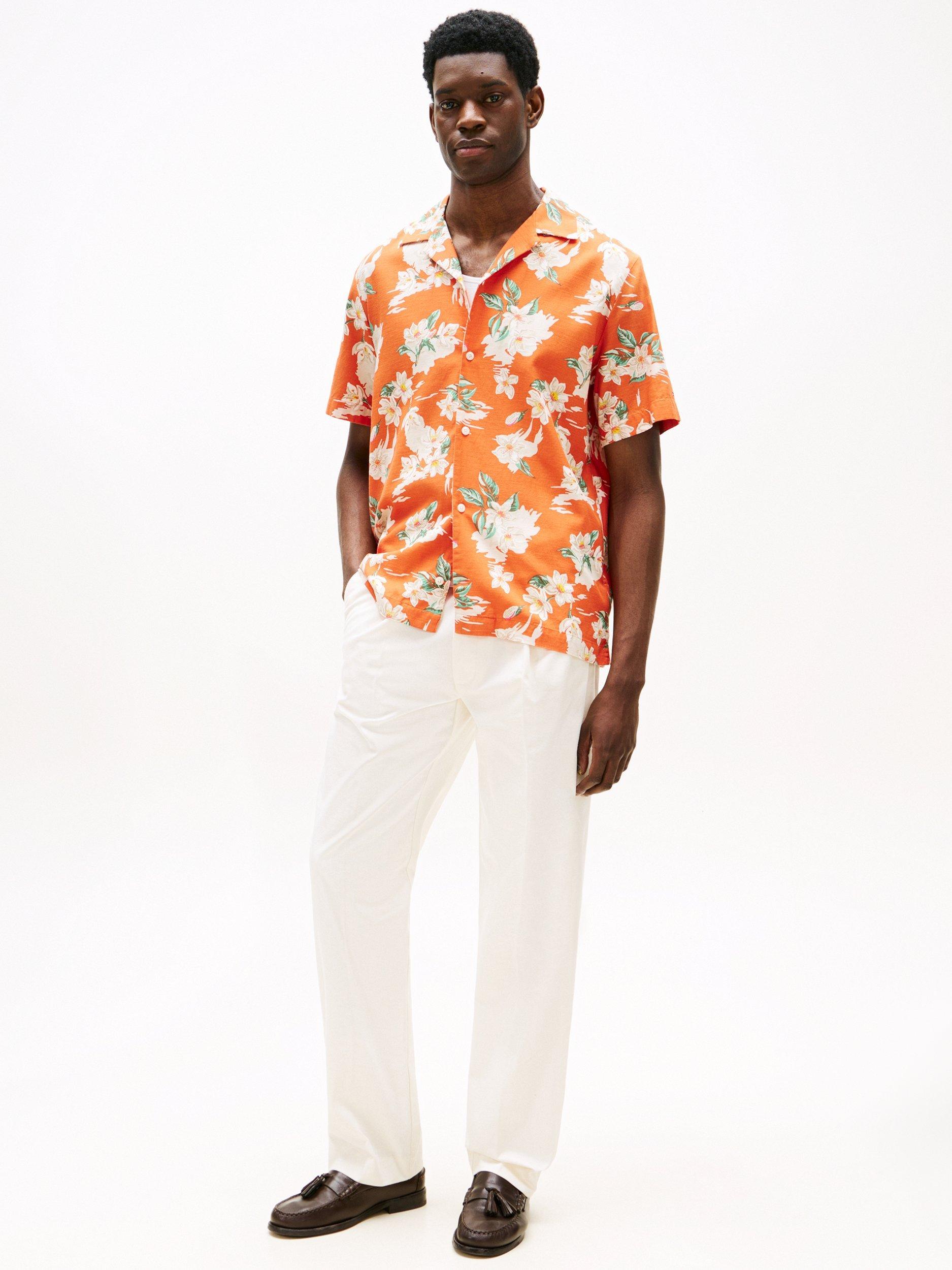 Product image 3 of 5, which shows Tommy Hilfiger Short Sleeve Lightweight Floral Print Shirt, Orange/Multi, M