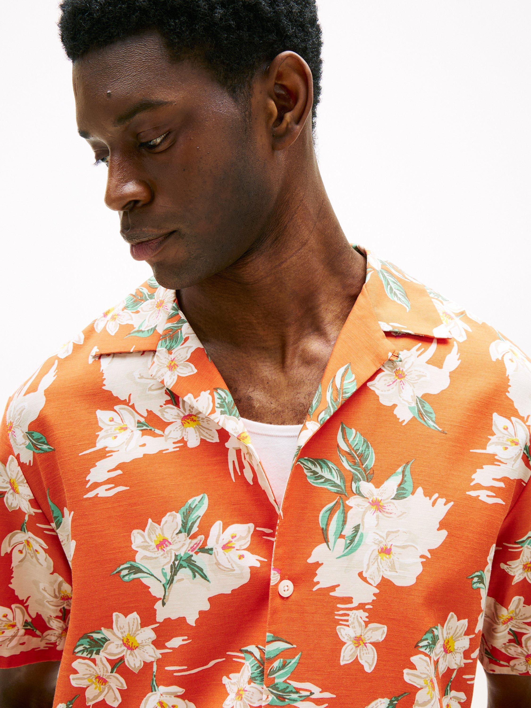 Product image 4 of 5, which shows Tommy Hilfiger Short Sleeve Lightweight Floral Print Shirt, Orange/Multi, M