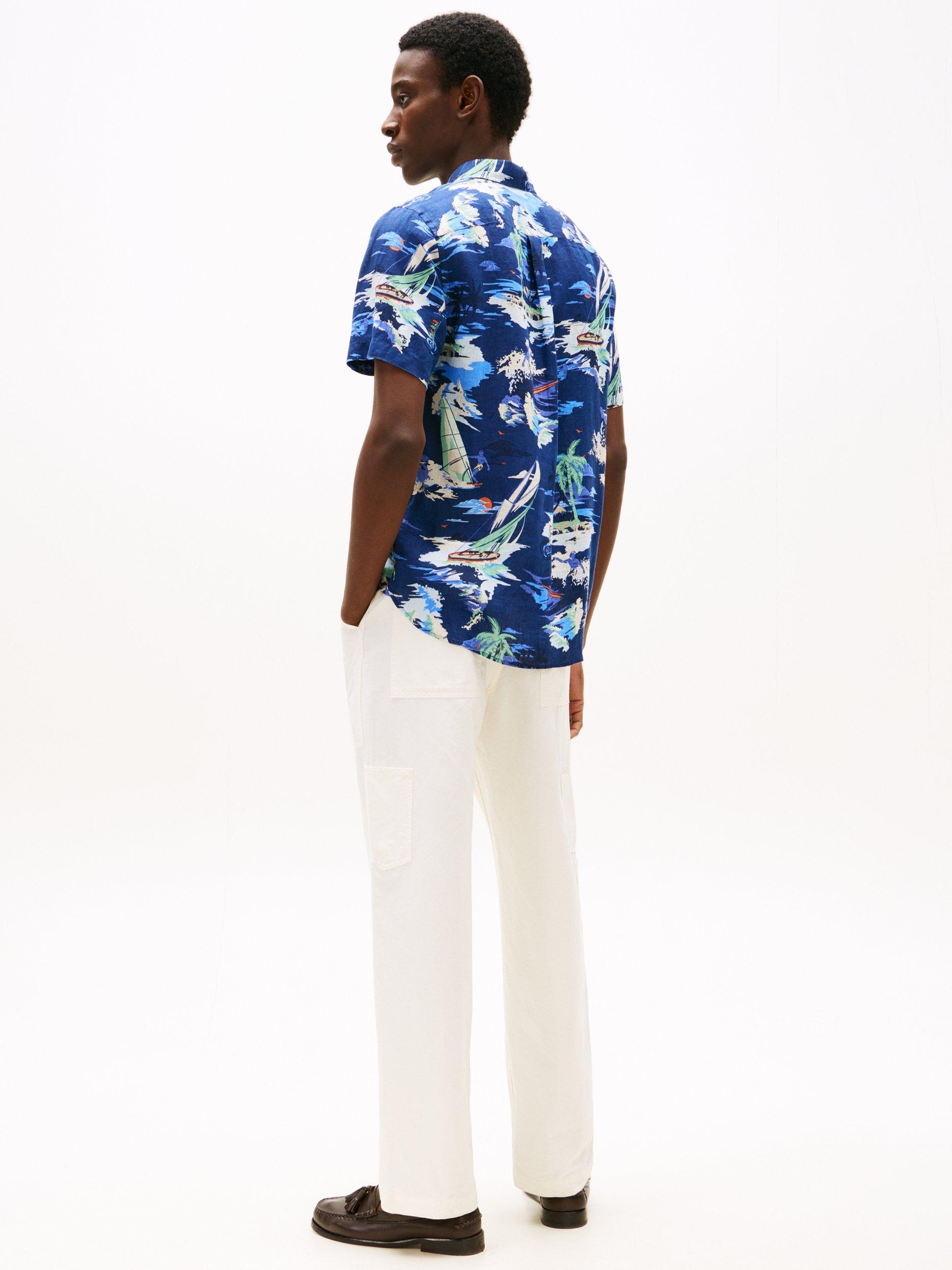 Product image 2 of 5, which shows Tommy Hilfiger Short Sleeve Vacation Print Linen Shirt, Navy/Multi, M