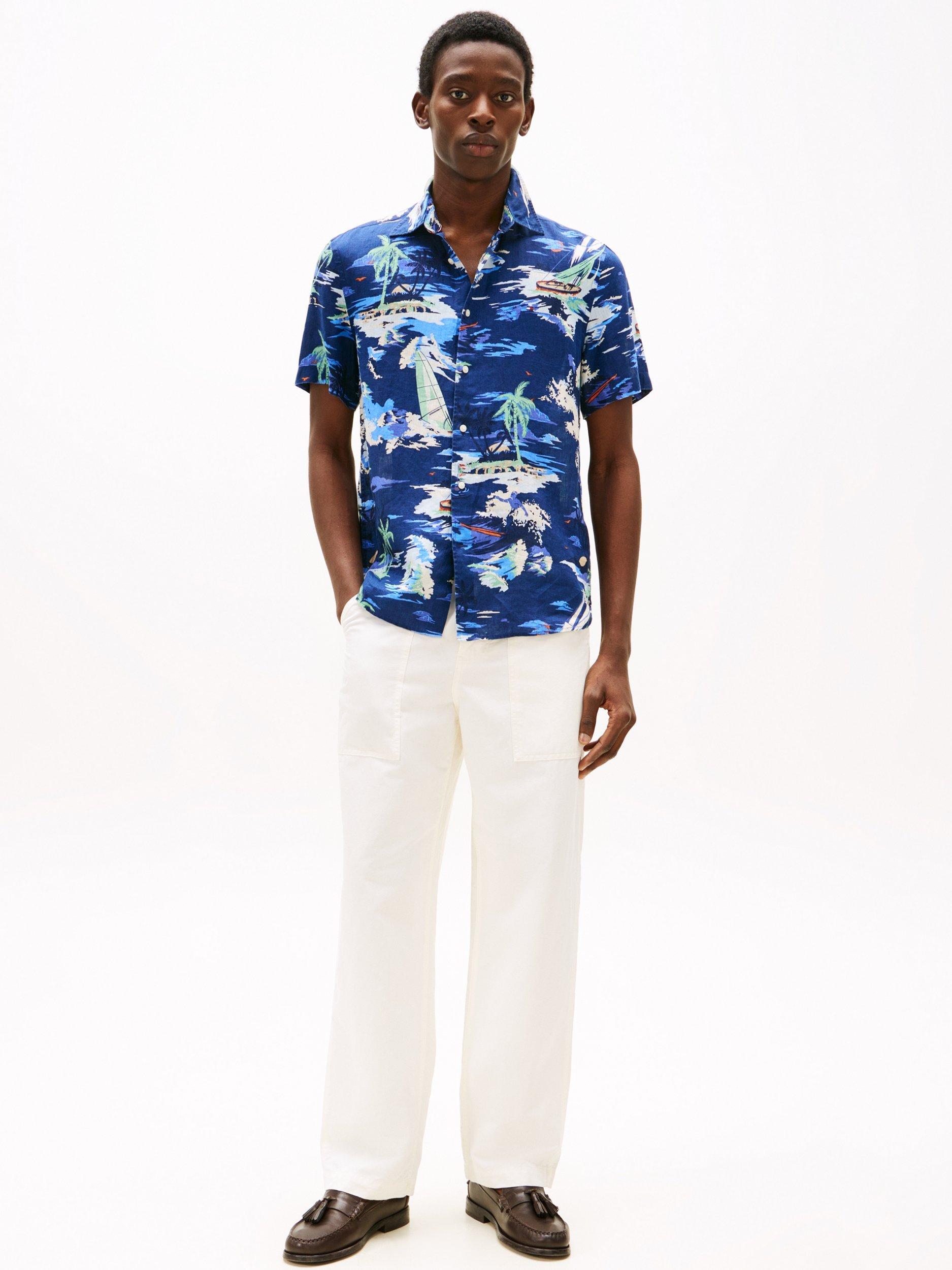 Product image 3 of 5, which shows Tommy Hilfiger Short Sleeve Vacation Print Linen Shirt, Navy/Multi, M