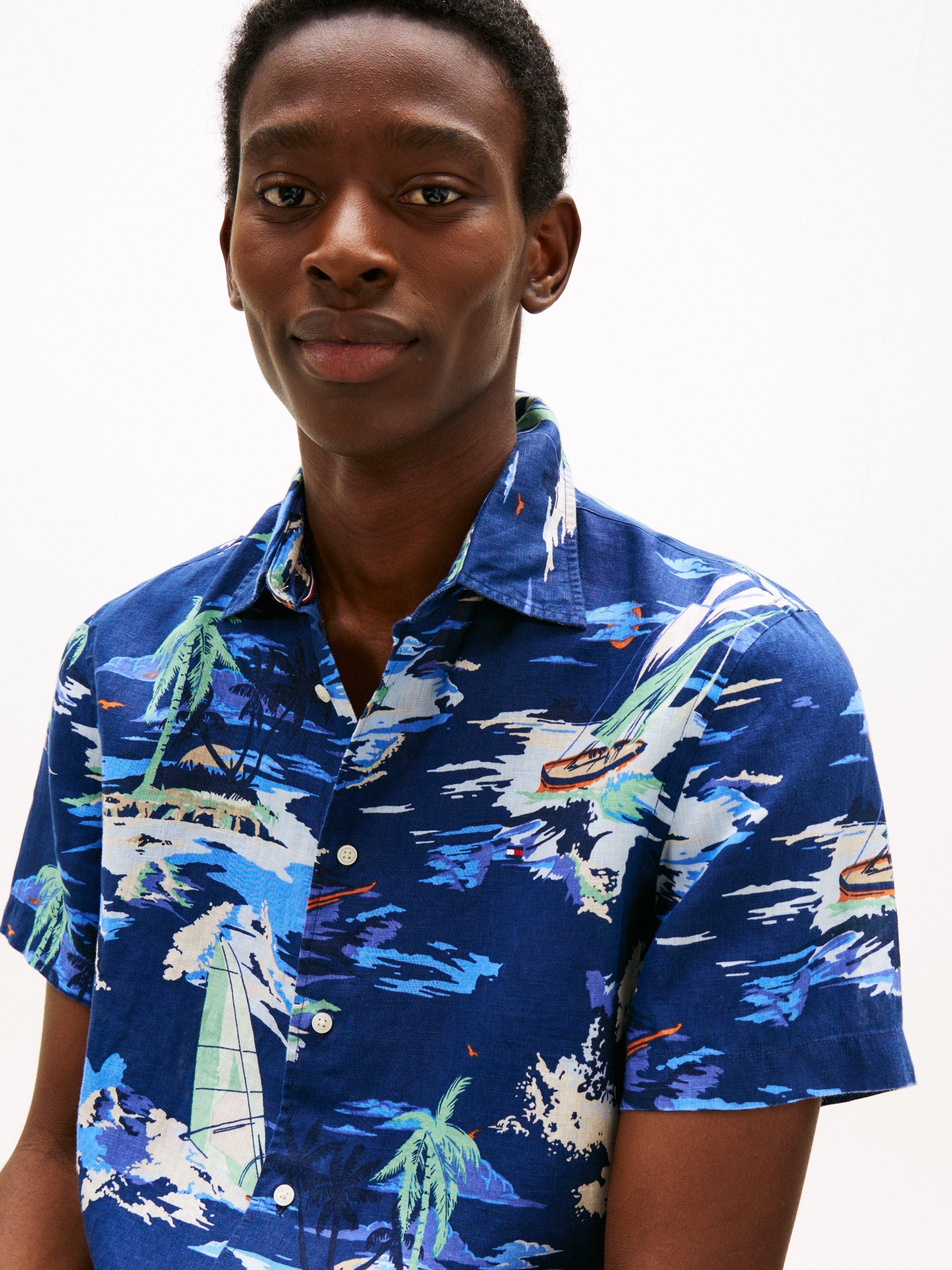 Product image 4 of 5, which shows Tommy Hilfiger Short Sleeve Vacation Print Linen Shirt, Navy/Multi, M