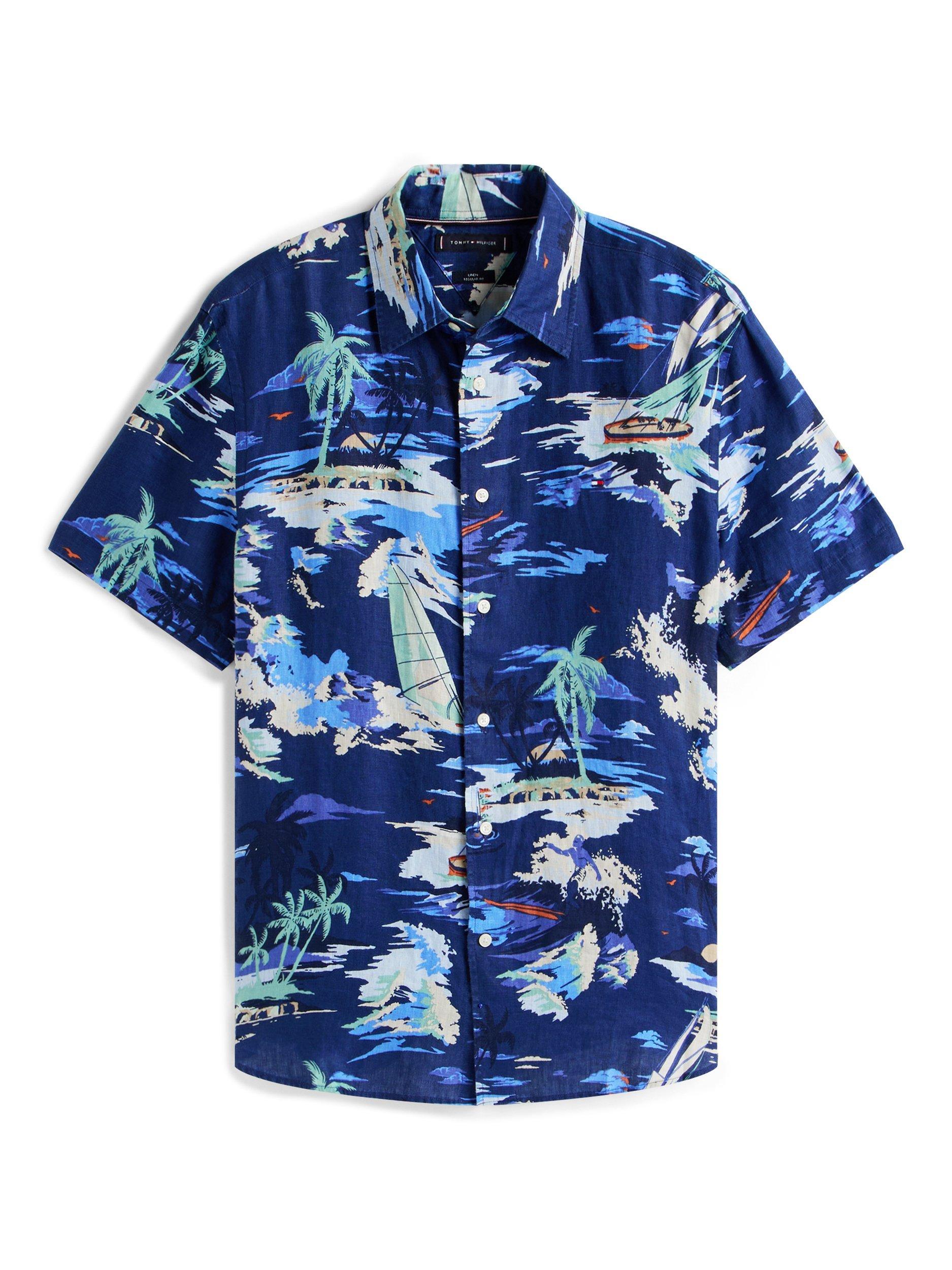 Product image 5 of 5, which shows Tommy Hilfiger Short Sleeve Vacation Print Linen Shirt, Navy/Multi, M