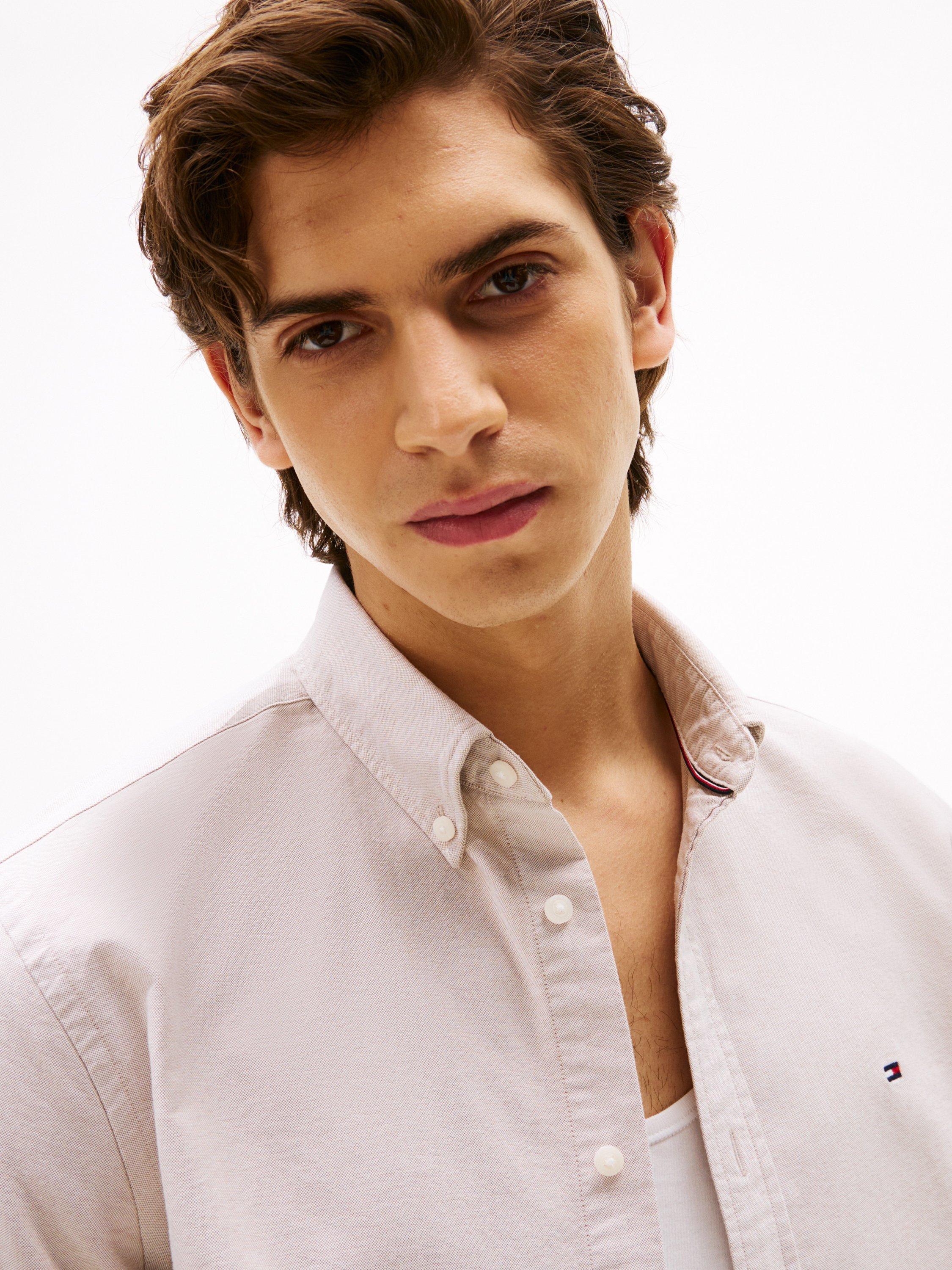 Product image 4 of 5, which shows Tommy Hilfiger Cotton Blend Regular Fit Oxford Shirt, Light Brown, S