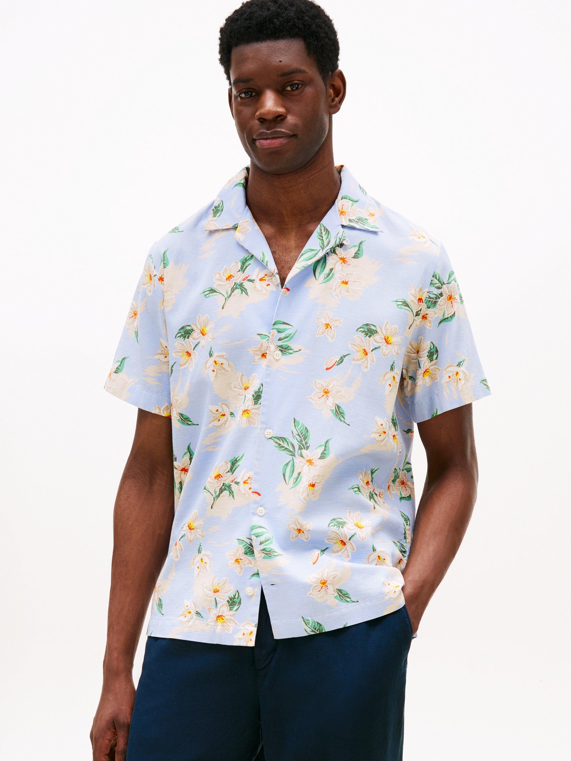 Product image 1 of 5, which shows Tommy Hilfiger Short Sleeve Lightweight Floral Print Shirt, Blue/Multi, S