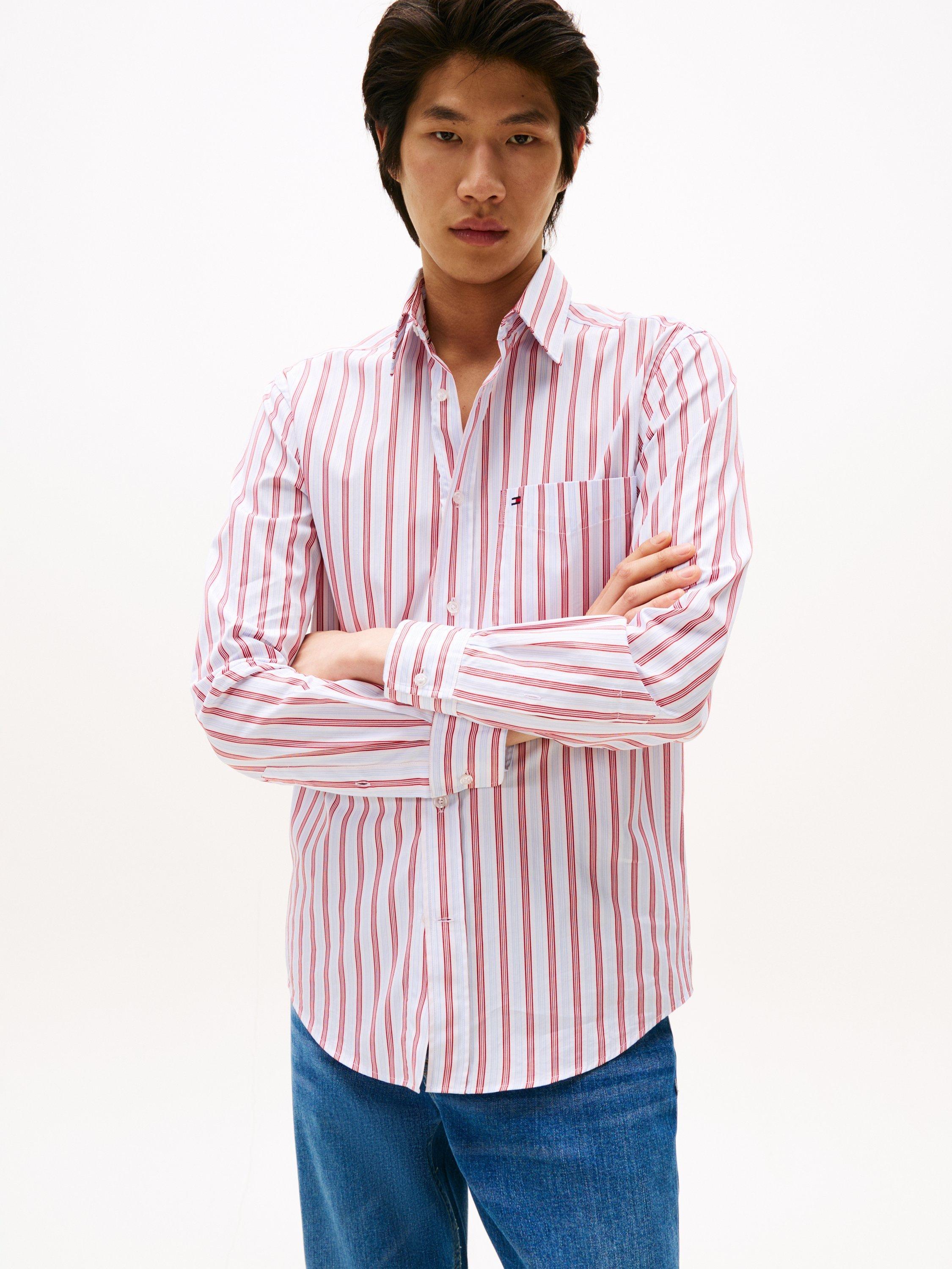 Product image 1 of 5, which shows Tommy Hilfiger Regular Fit Pin Stripe Shirt, Medium Red/Multi, S