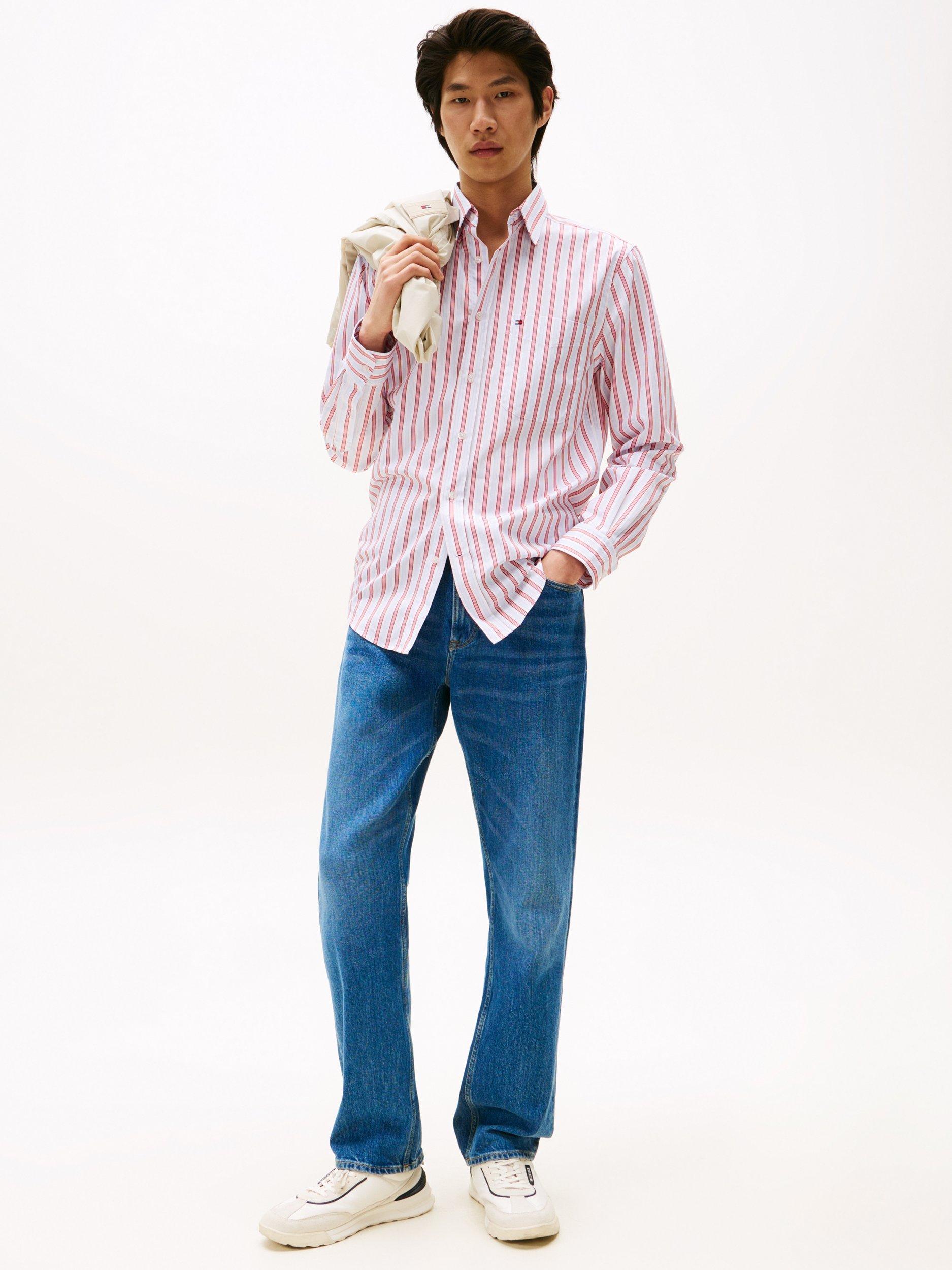 Product image 3 of 5, which shows Tommy Hilfiger Regular Fit Pin Stripe Shirt, Medium Red/Multi, S