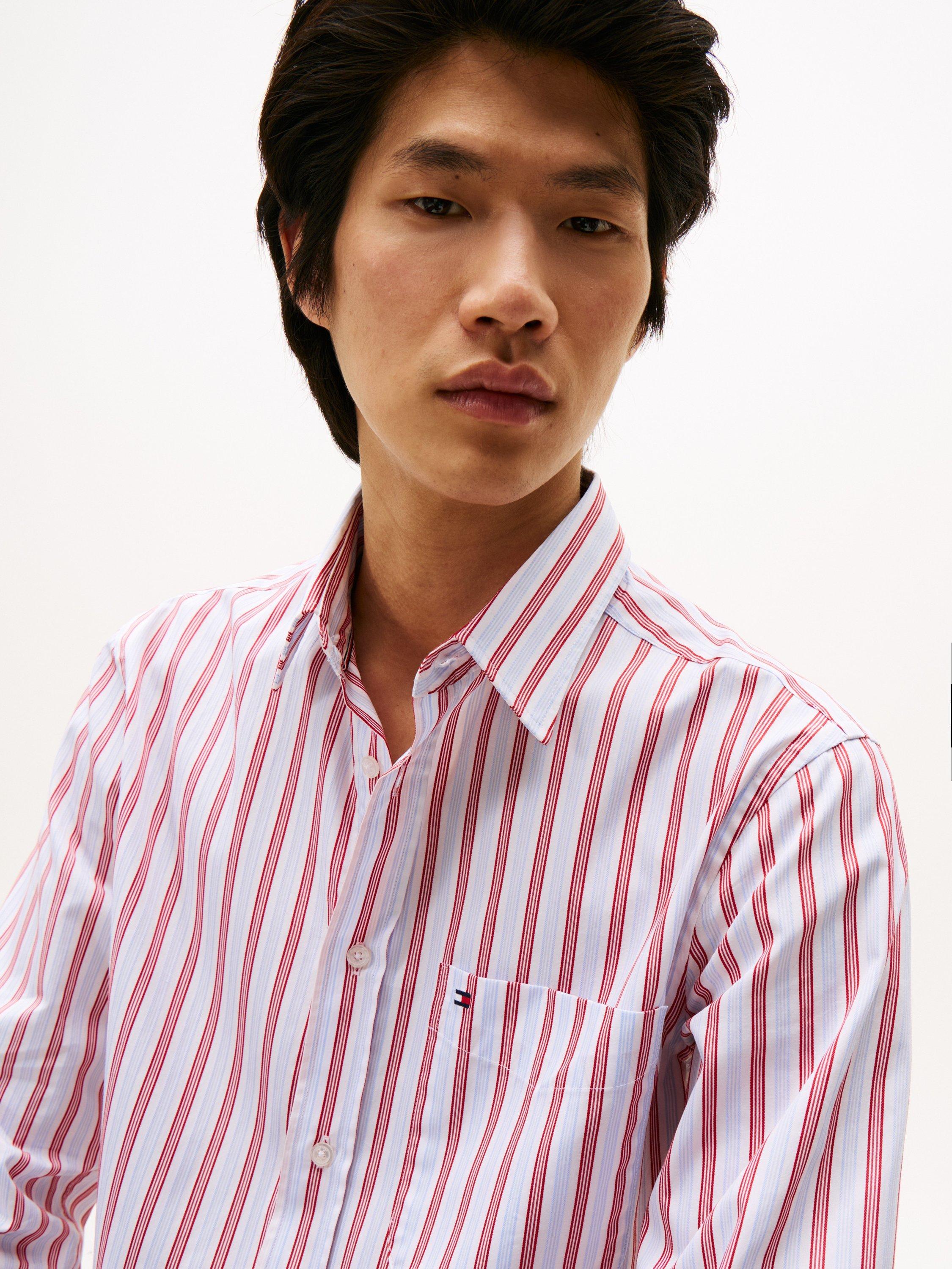 Product image 4 of 5, which shows Tommy Hilfiger Regular Fit Pin Stripe Shirt, Medium Red/Multi, S