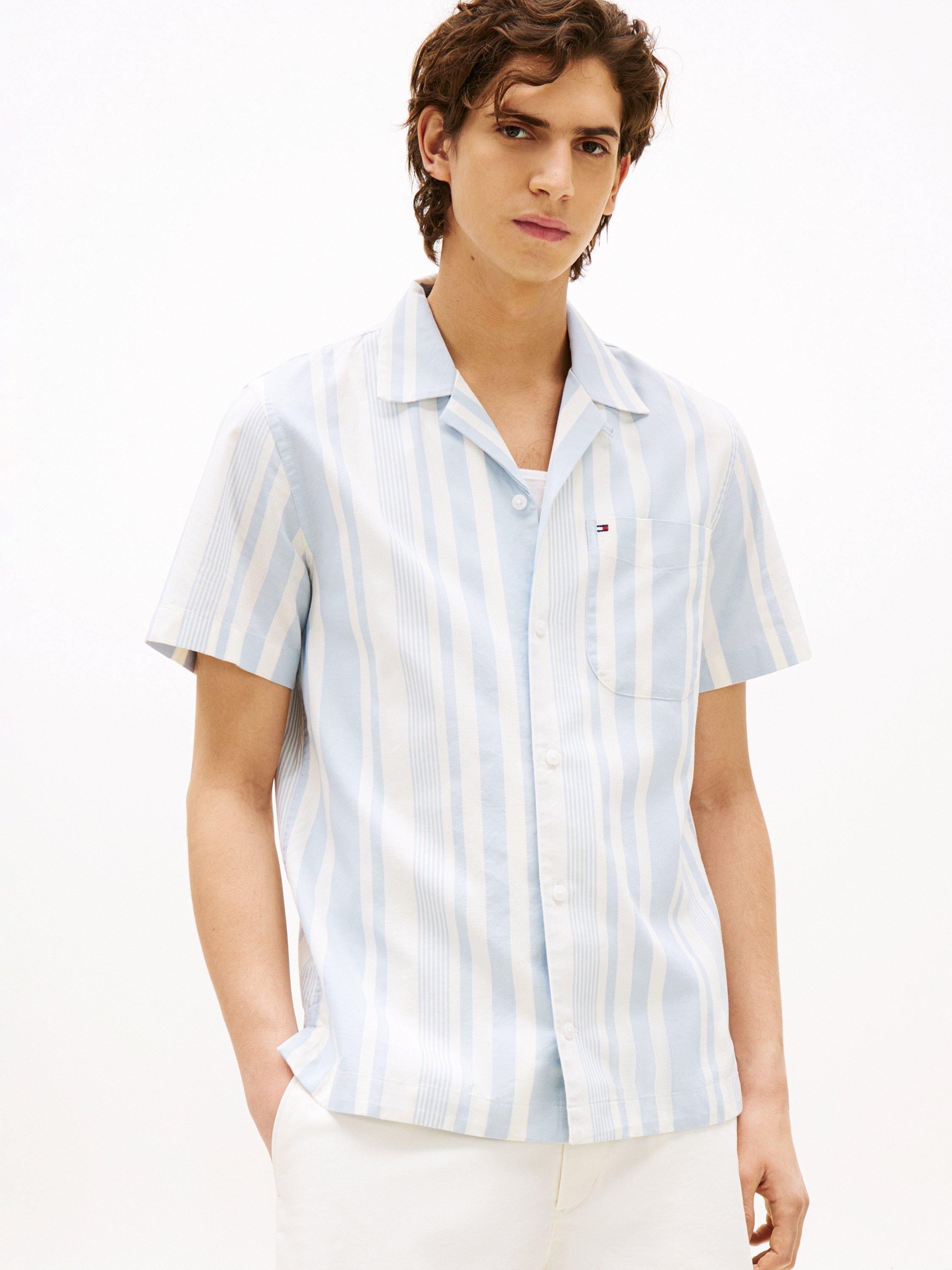 Product image 1 of 5, which shows Tommy Hilfiger Cotton Regular Fit Stripe Camp Collar Shirt, Breezy Blue/Ivory, S
