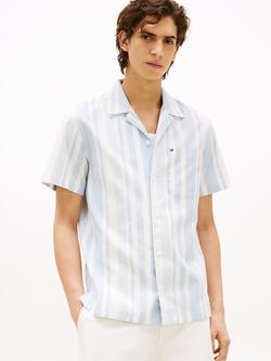 Tommy Hilfiger Cotton Regular Fit Stripe Camp Collar Shirt, Breezy Blue/Ivory, Breezy Blue/Ivory