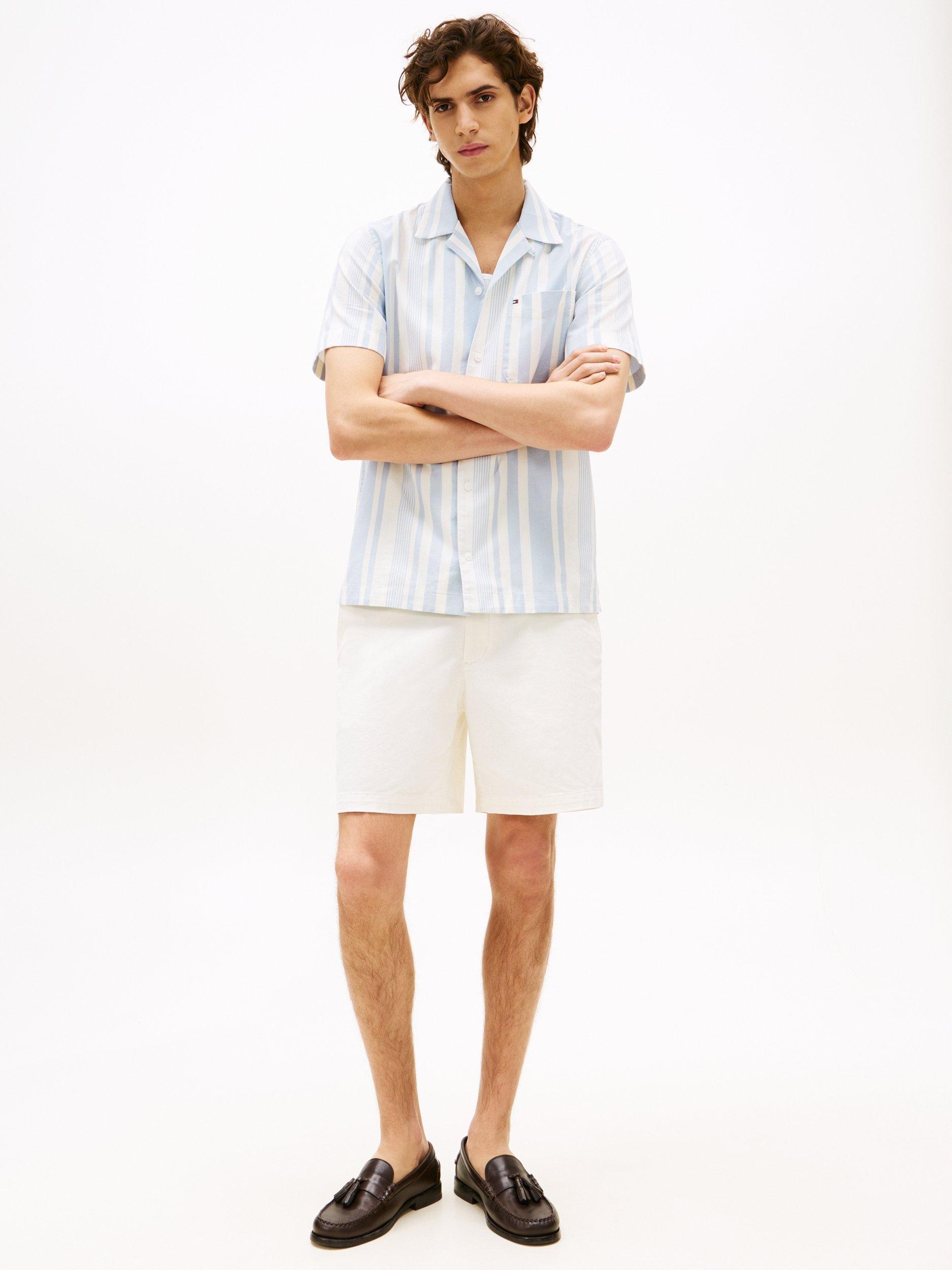 Product image 3 of 5, which shows Tommy Hilfiger Cotton Regular Fit Stripe Camp Collar Shirt, Breezy Blue/Ivory, S