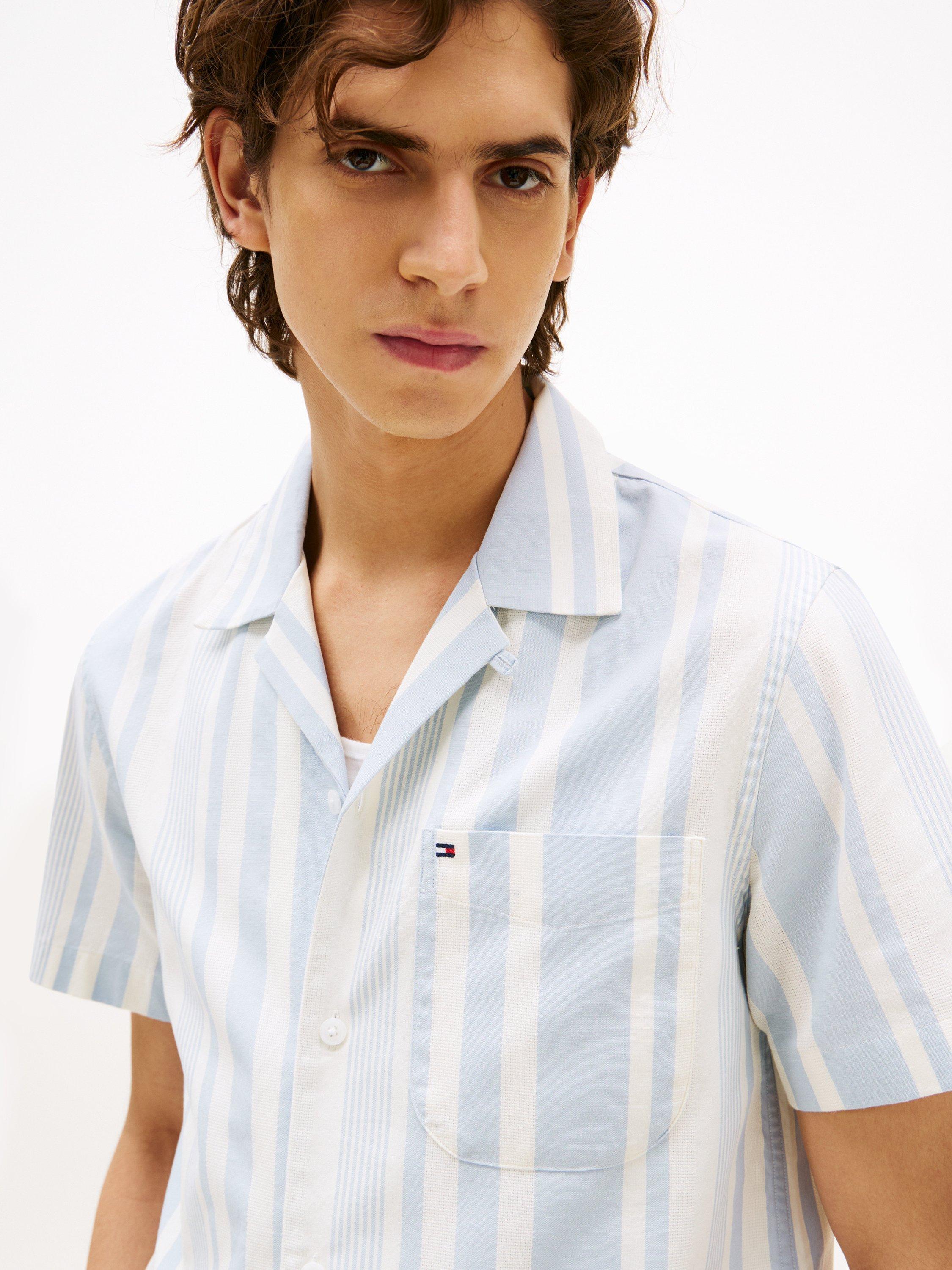 Product image 4 of 5, which shows Tommy Hilfiger Cotton Regular Fit Stripe Camp Collar Shirt, Breezy Blue/Ivory, S