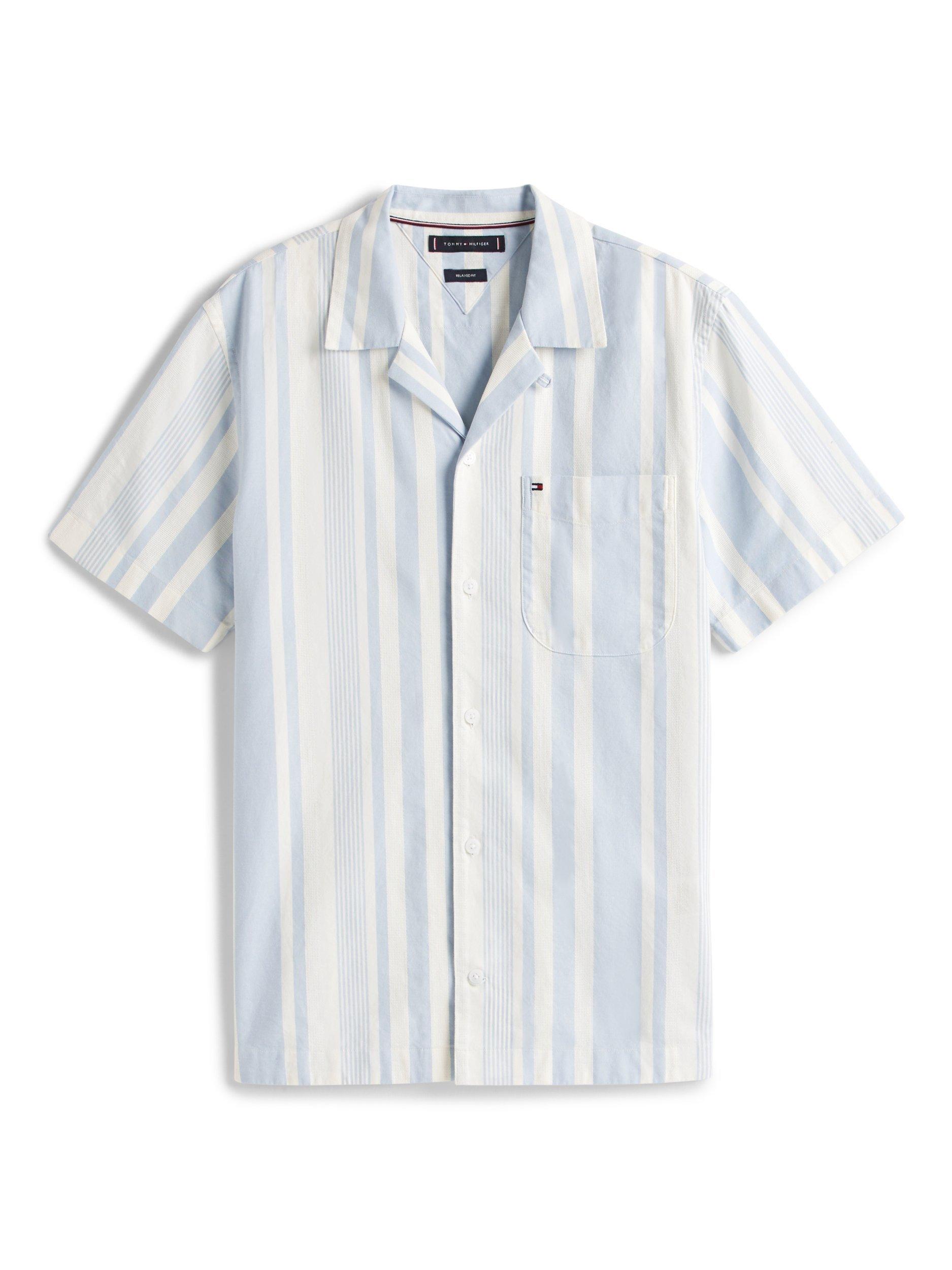 Product image 5 of 5, which shows Tommy Hilfiger Cotton Regular Fit Stripe Camp Collar Shirt, Breezy Blue/Ivory, S