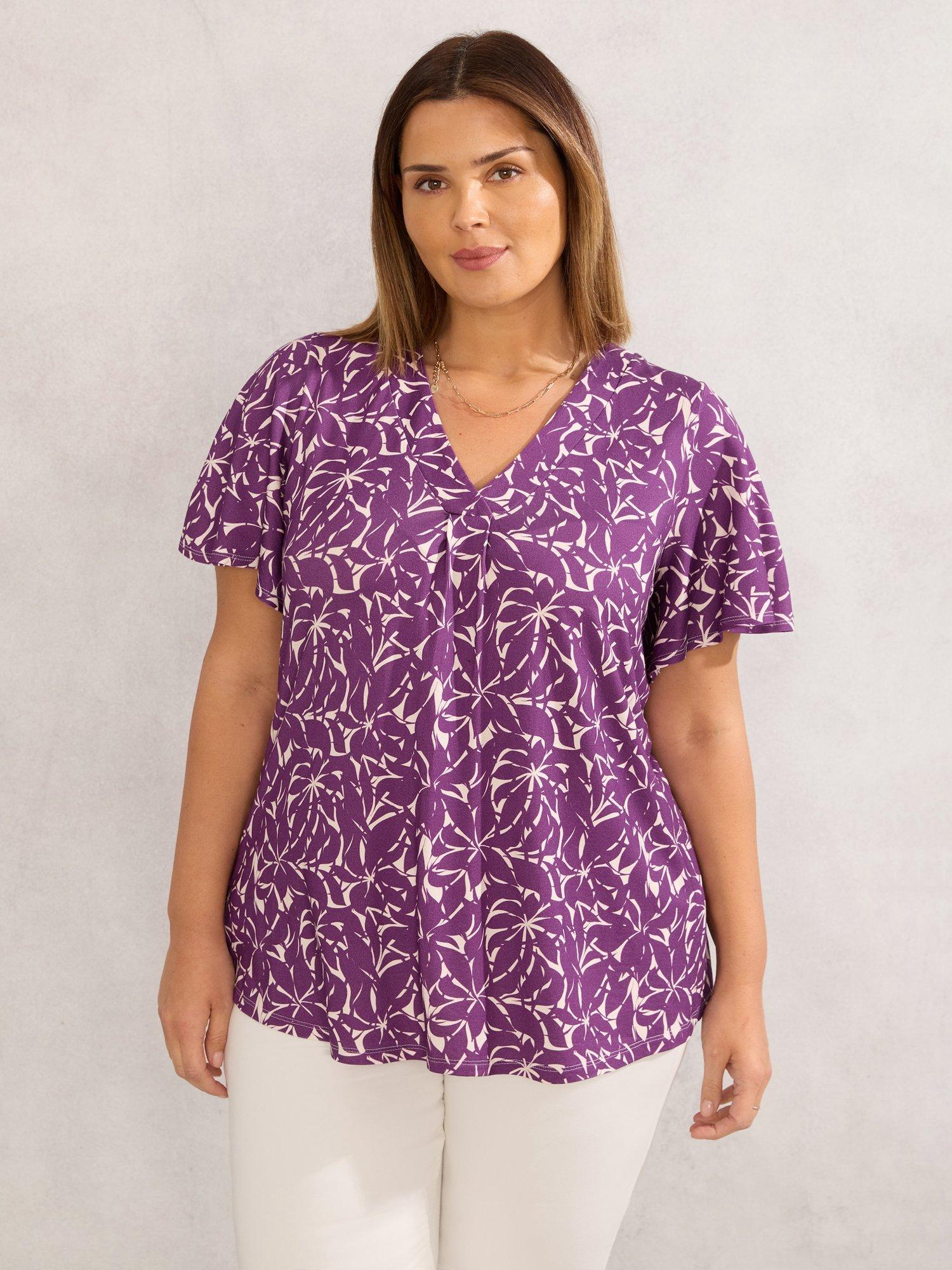 Product image 1 of 3, which shows Live Unlimited Curve Leaf Print Jersey Top, Purple, 26