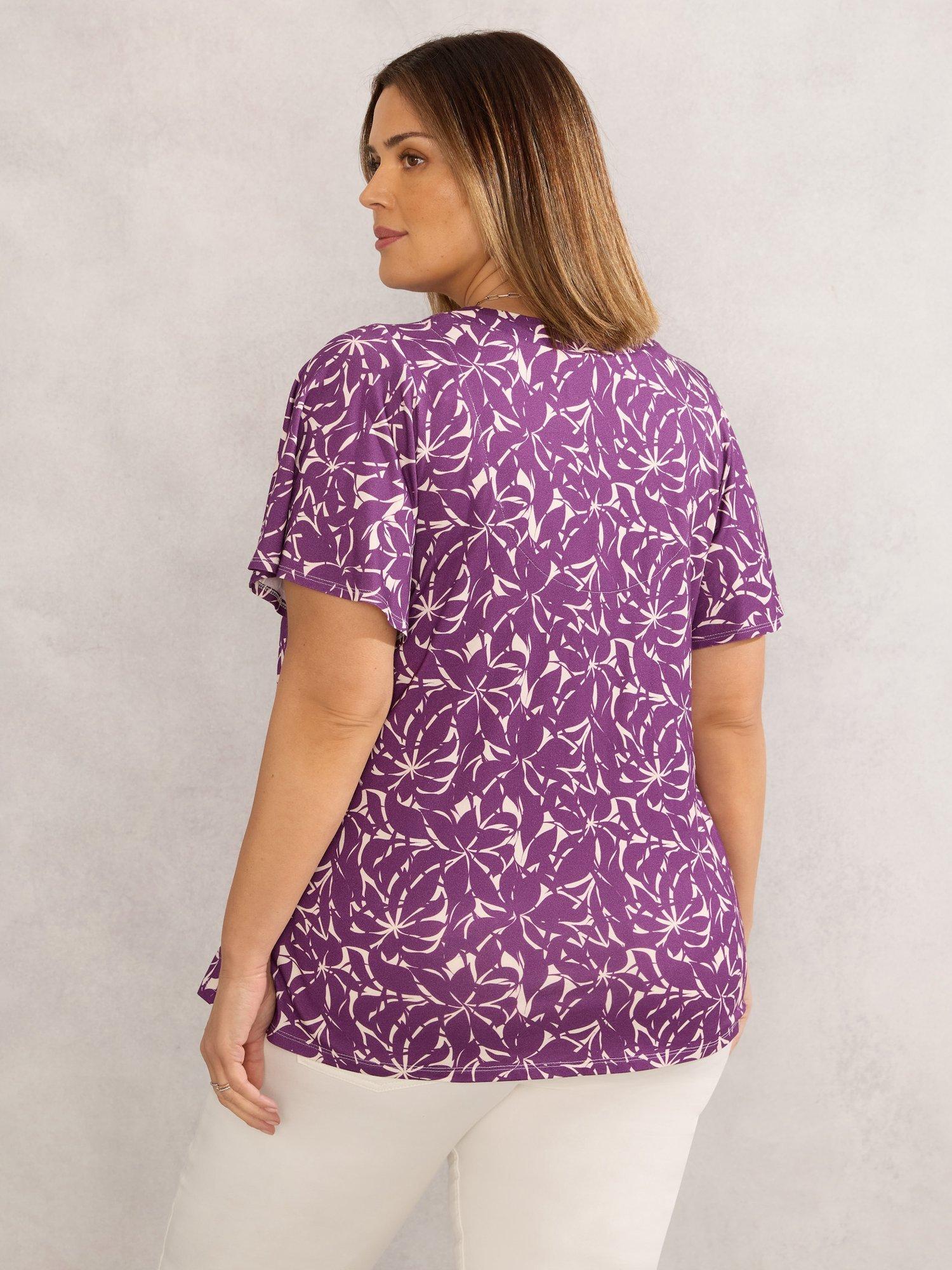 Product image 3 of 3, which shows Live Unlimited Curve Leaf Print Jersey Top, Purple, 26
