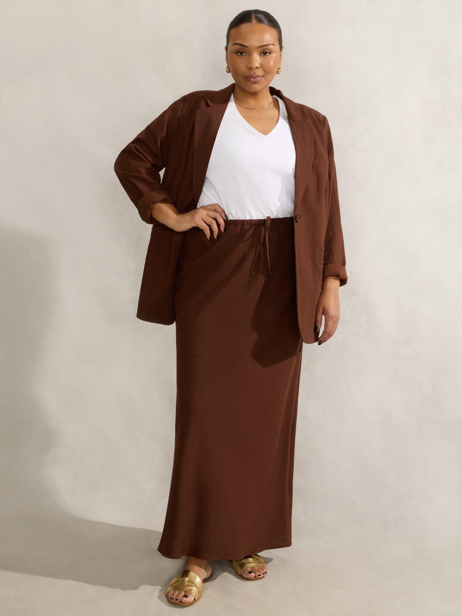 Product image 1 of 5, which shows Live Unlimited Curve Linen Blend Blazer, Brown, 16