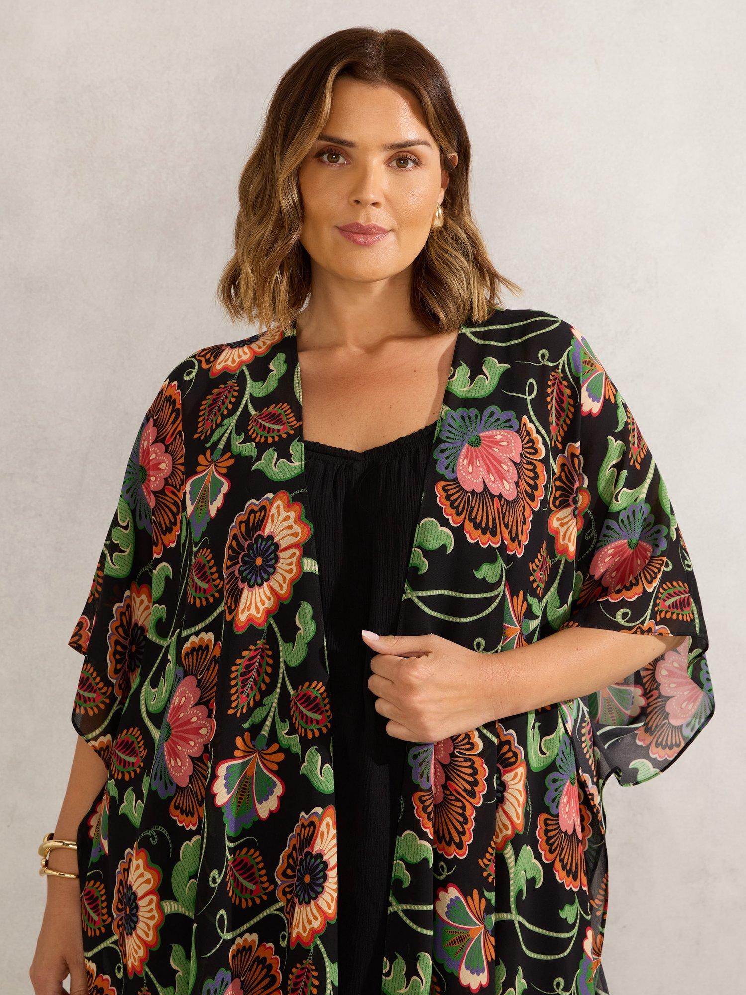 Product image 4 of 6, which shows Live Unlimited Curve Floral Print Kimono, Black/Multi, 12