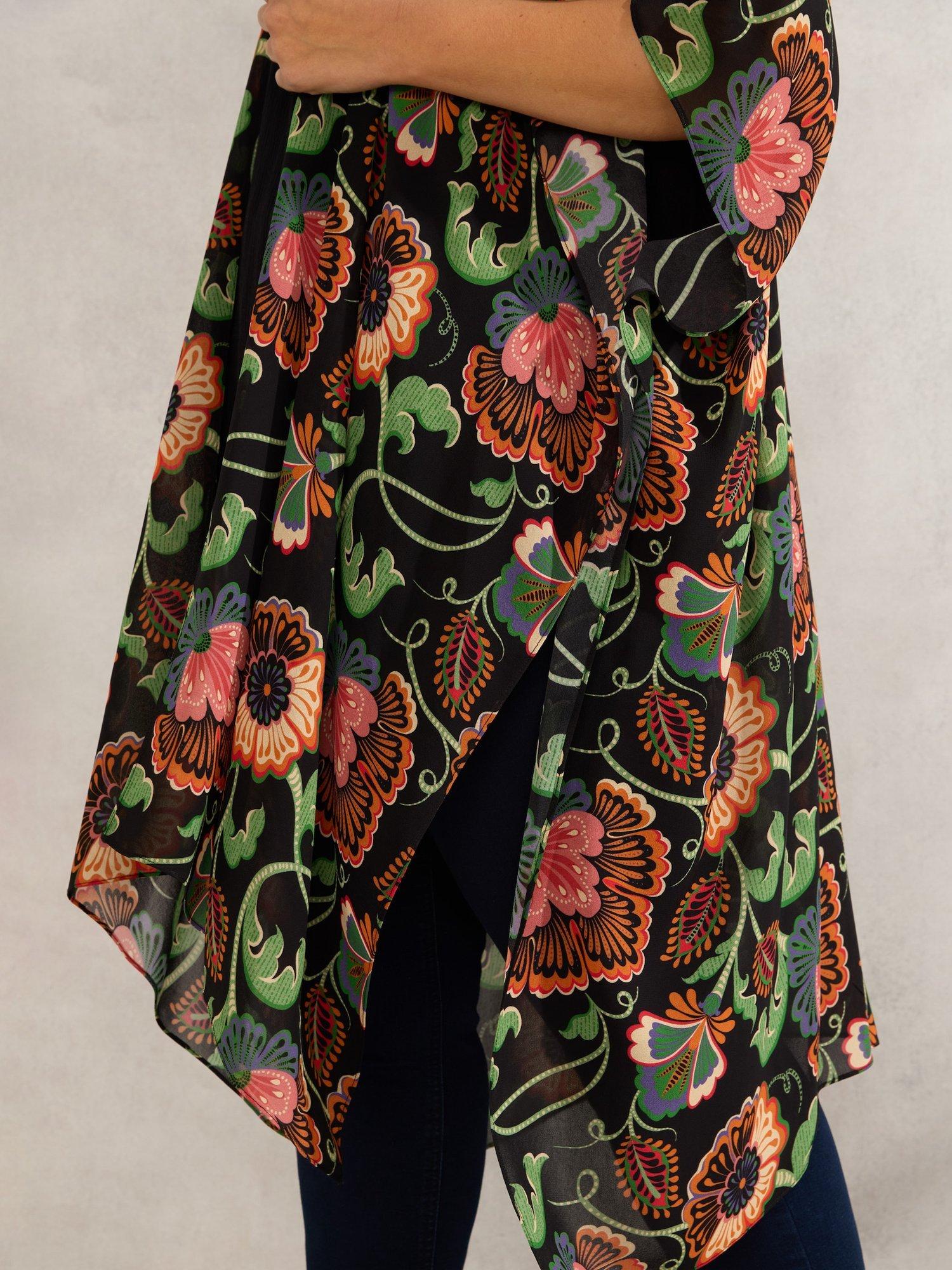 Product image 5 of 6, which shows Live Unlimited Curve Floral Print Kimono, Black/Multi, 12