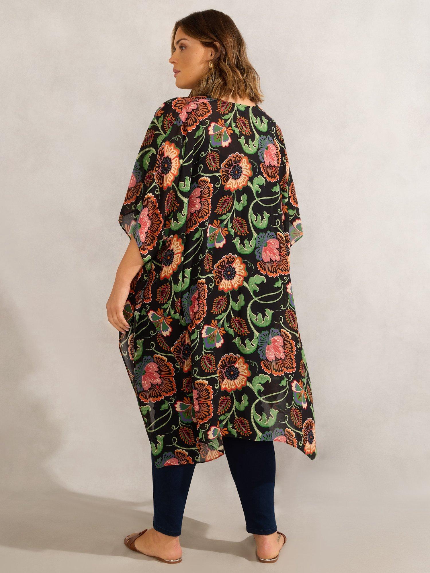 Product image 6 of 6, which shows Live Unlimited Curve Floral Print Kimono, Black/Multi, 12