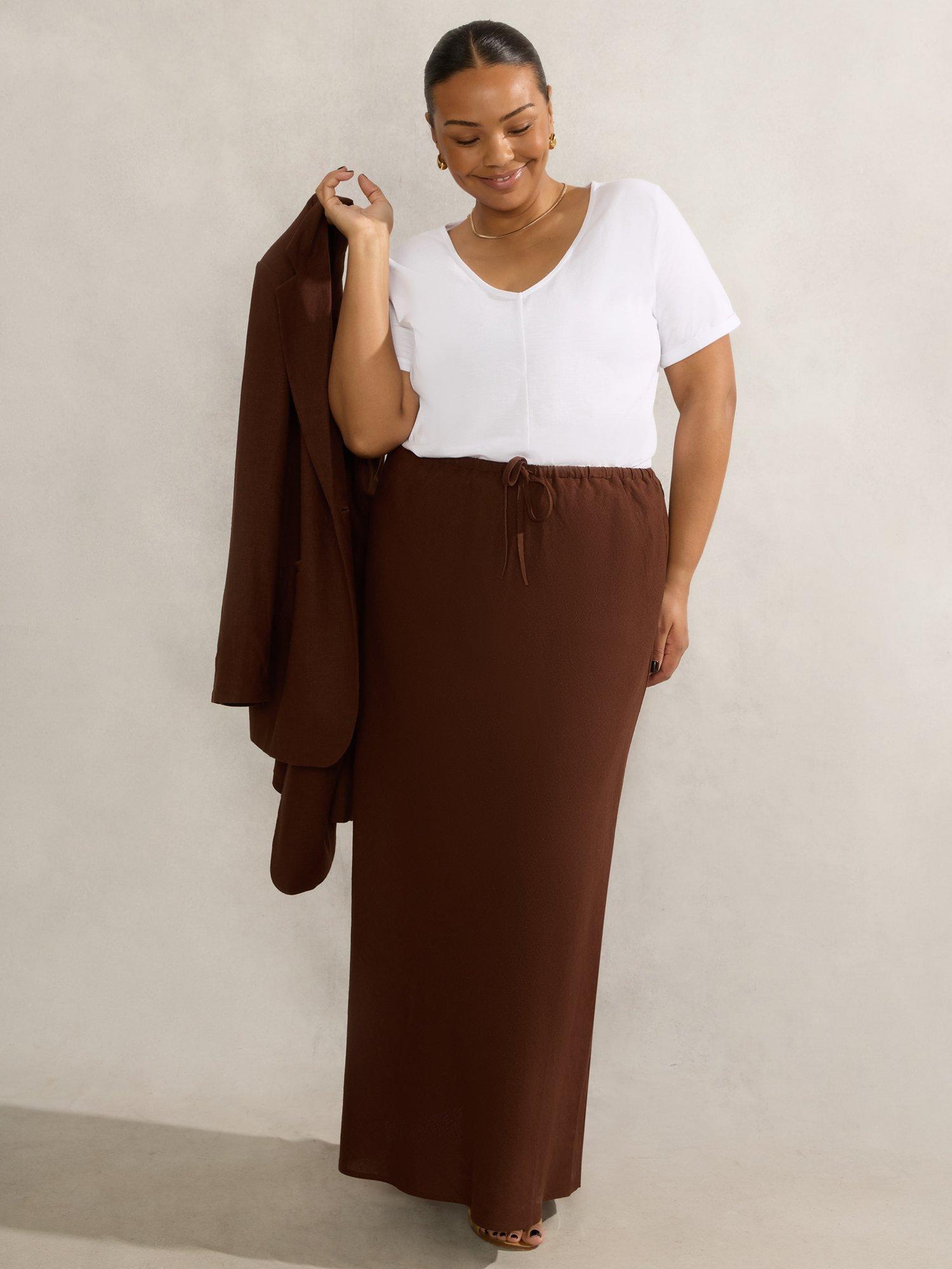 Product image 3 of 5, which shows Live Unlimited Curve Linen Blend Skirt, Brown, 20