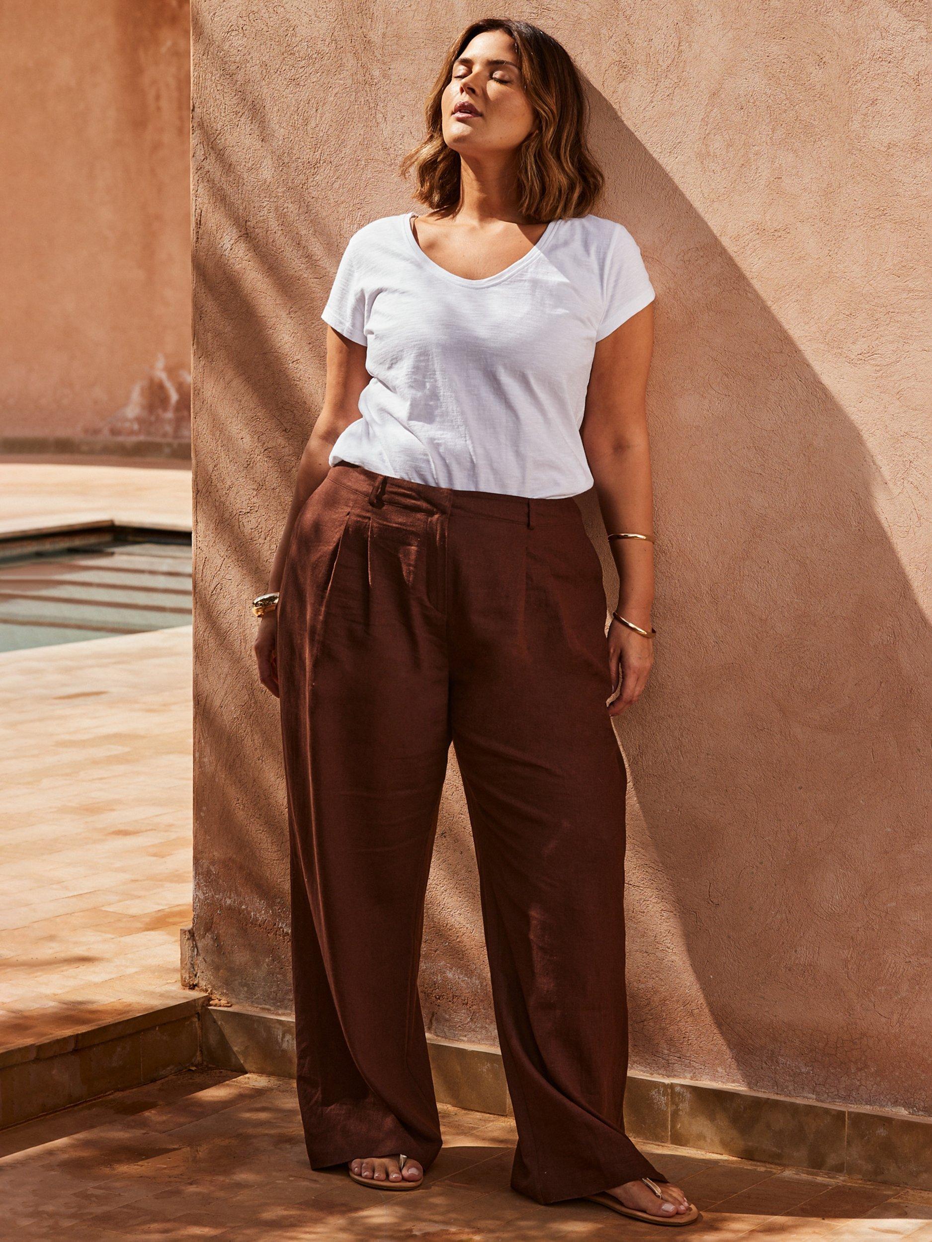 Product image 1 of 4, which shows Live Unlimited Curve Linen Blend Tailored Trousers, Brown, 12