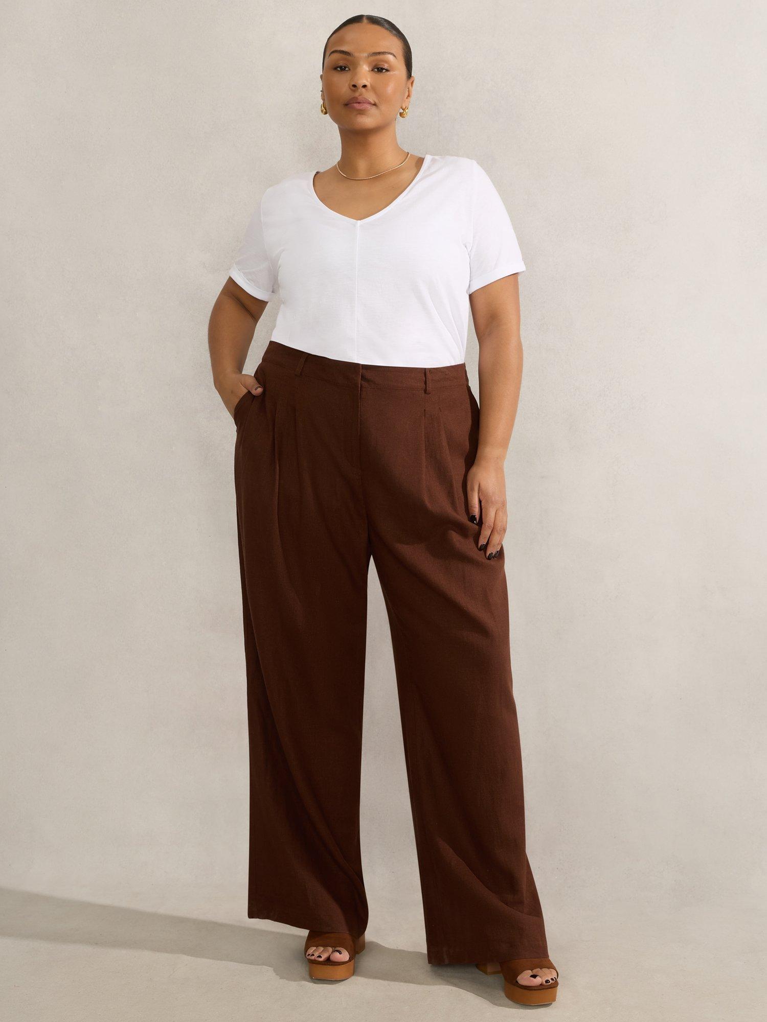 Product image 3 of 4, which shows Live Unlimited Curve Linen Blend Tailored Trousers, Brown, 12