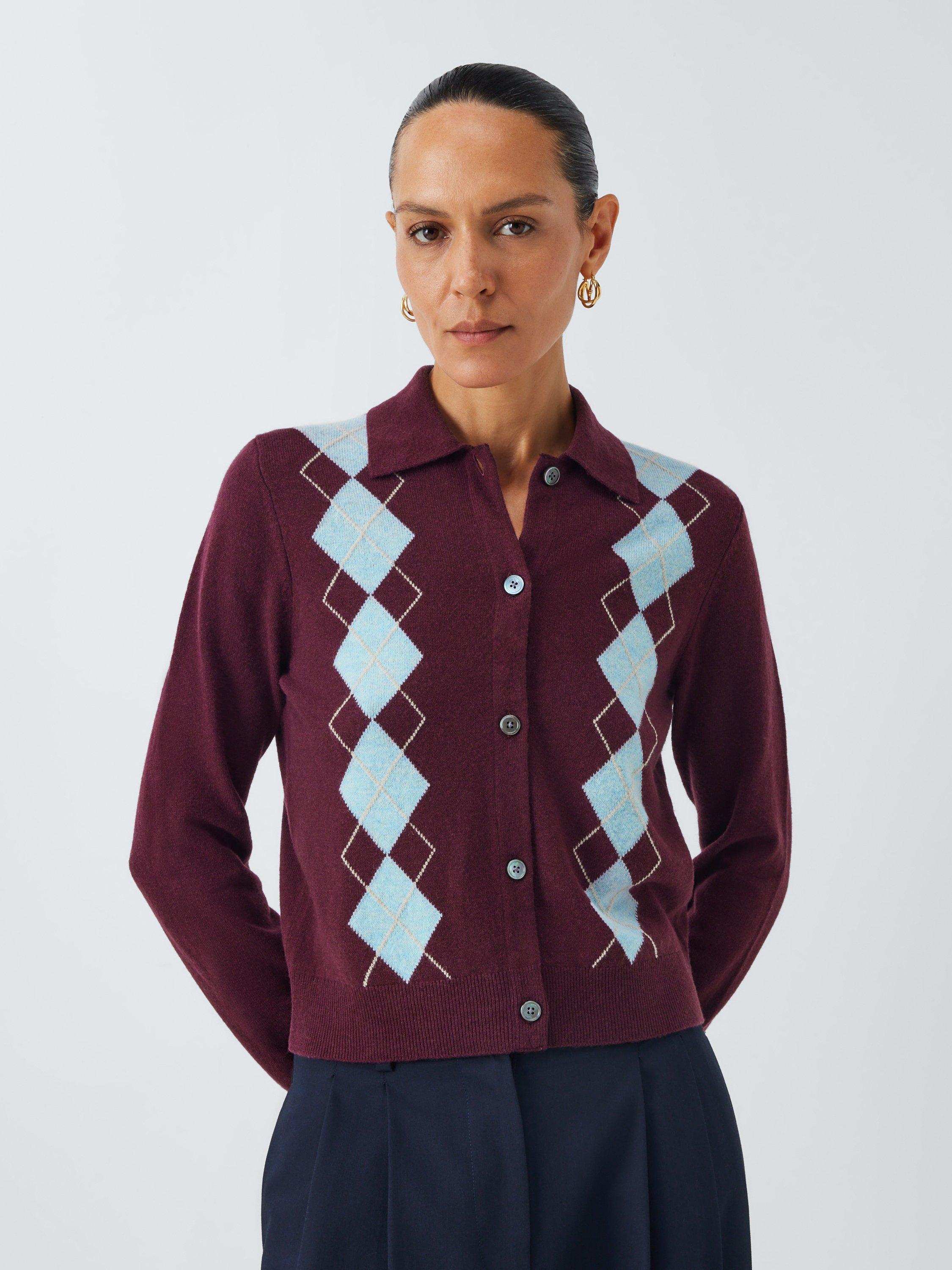 John Lewis Merino Wool Blend Collared Argyle Cardigan, Fig