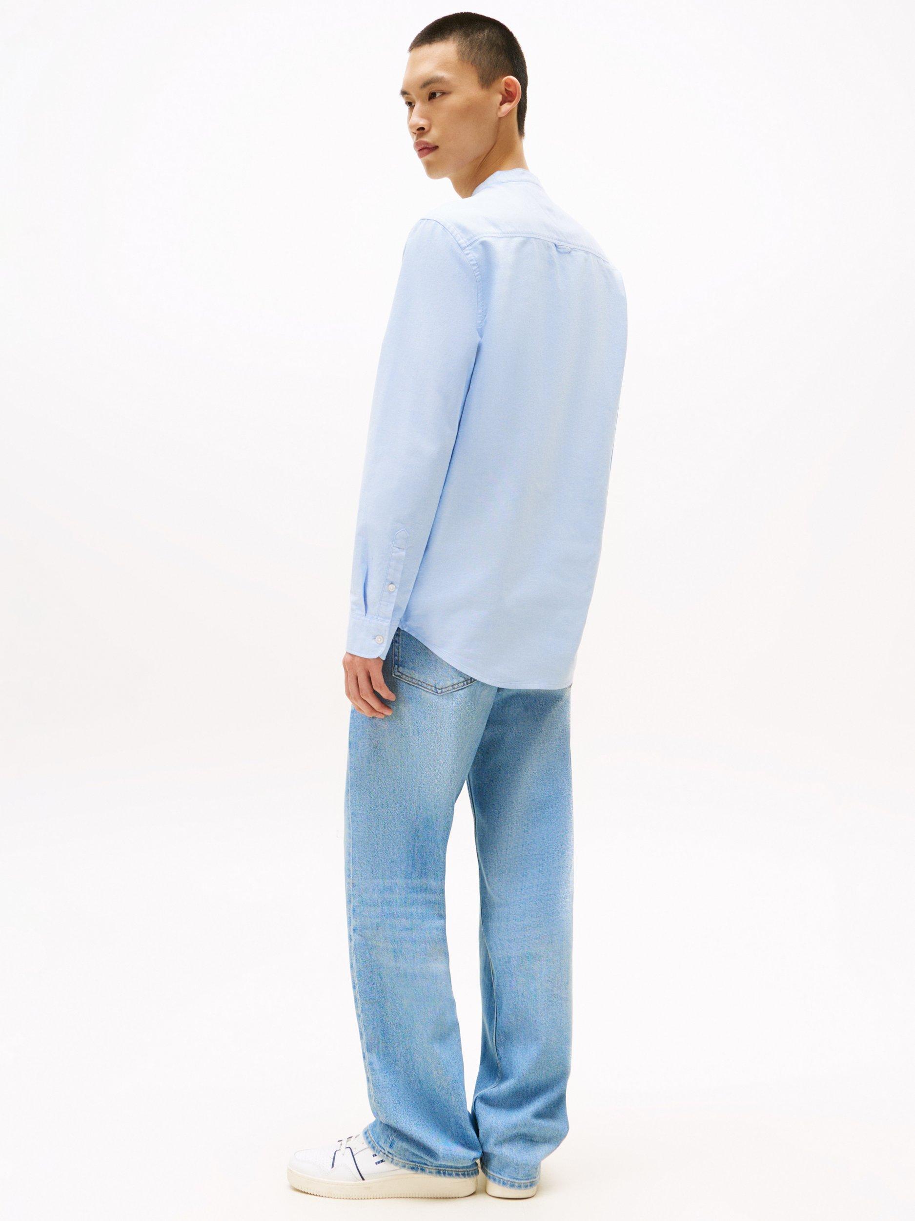 Product image 2 of 5, which shows Tommy Jeans Cotton Regular Fit Grandad Collar Shirt, Mid Blue, XS