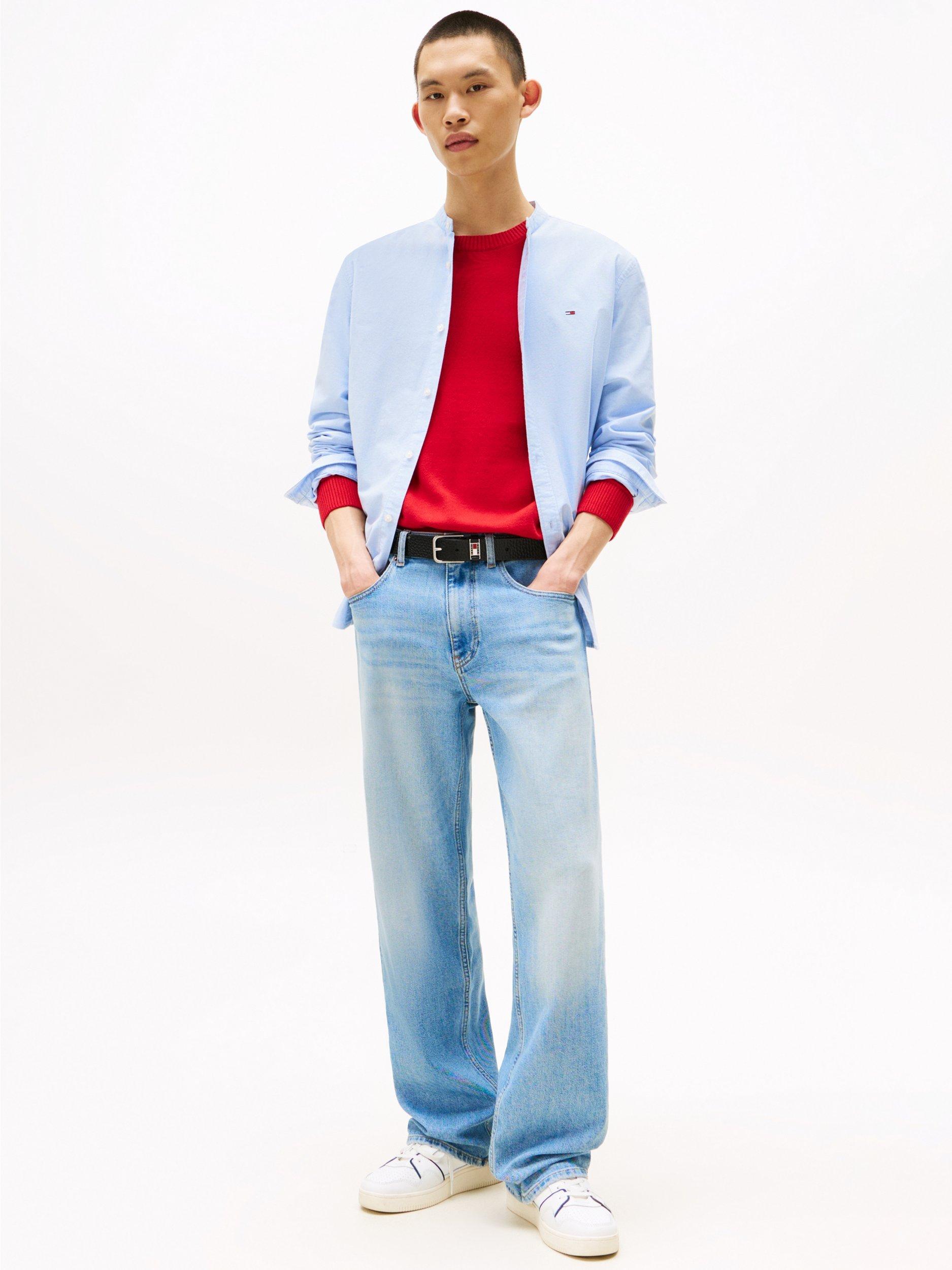 Product image 3 of 5, which shows Tommy Jeans Cotton Regular Fit Grandad Collar Shirt, Mid Blue, XS