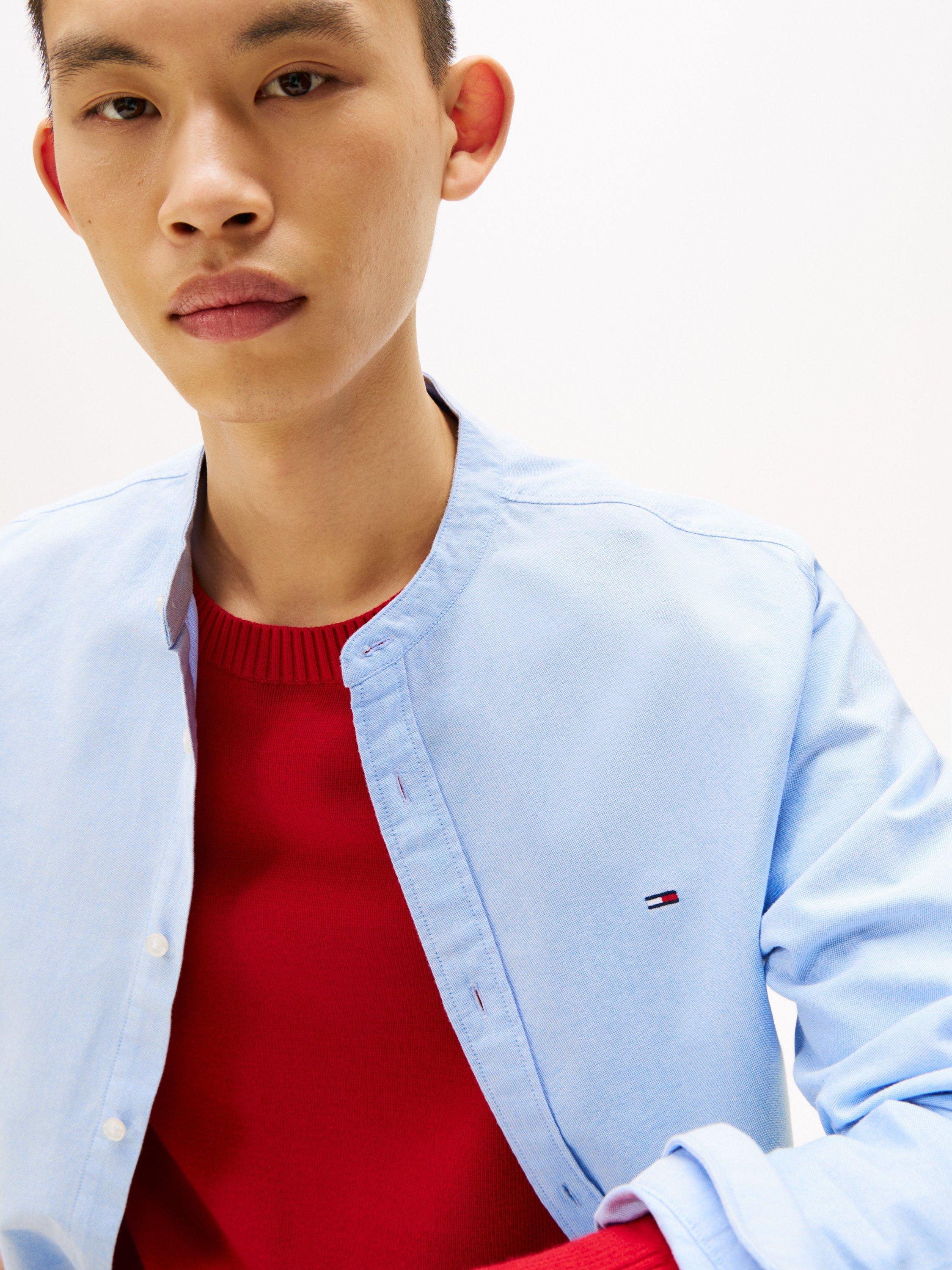 Product image 4 of 5, which shows Tommy Jeans Cotton Regular Fit Grandad Collar Shirt, Mid Blue, XS