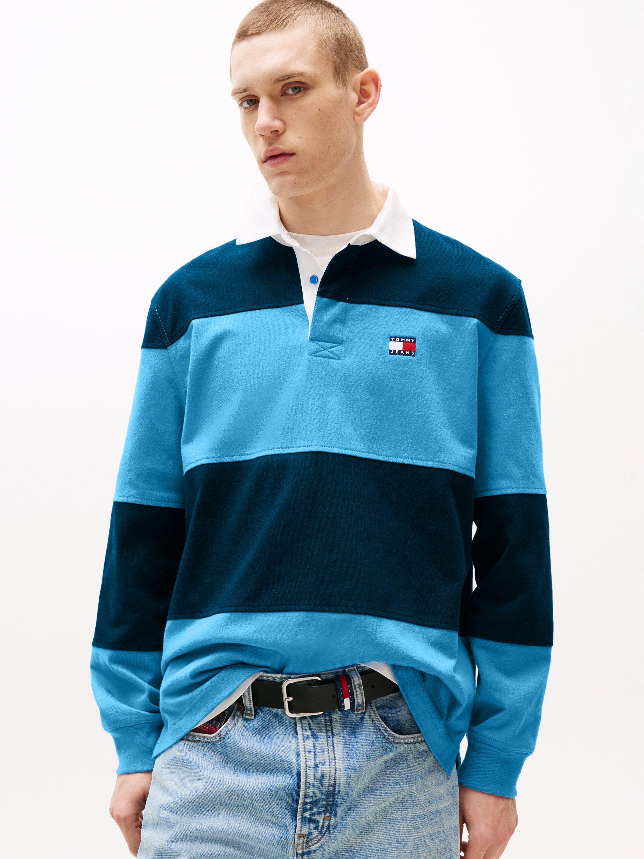 Product image 1 of 5, which shows Tommy Jeans Realxed Fit Striped Cotton Rugby Shirt, Navy/Multi, S