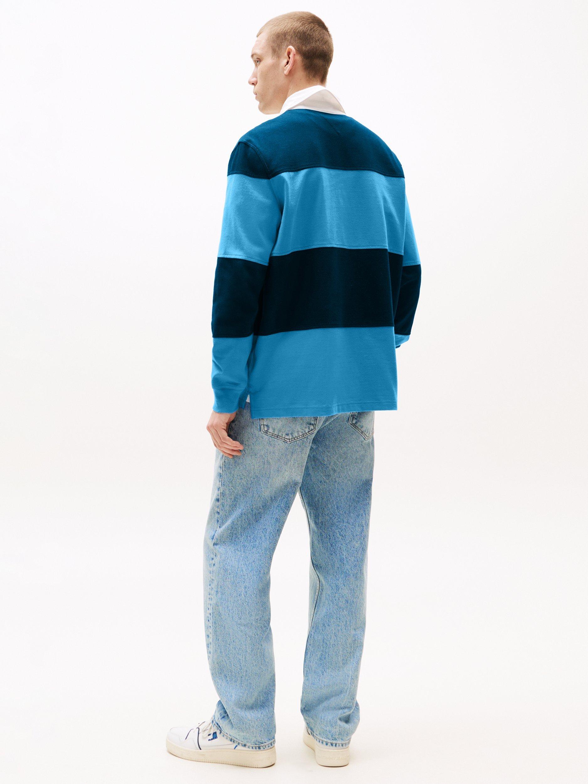 Product image 2 of 5, which shows Tommy Jeans Realxed Fit Striped Cotton Rugby Shirt, Navy/Multi, S