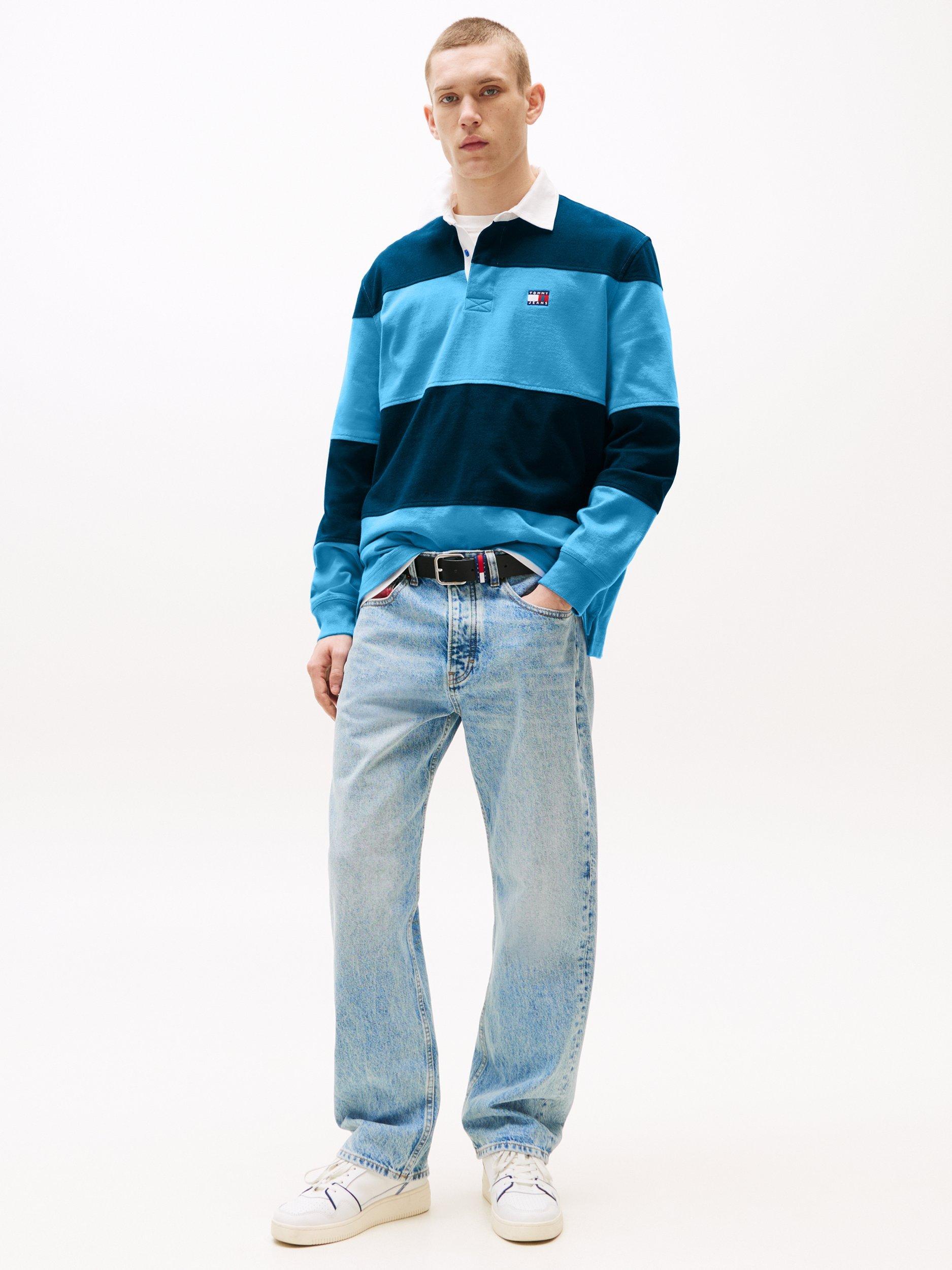 Product image 3 of 5, which shows Tommy Jeans Realxed Fit Striped Cotton Rugby Shirt, Navy/Multi, S