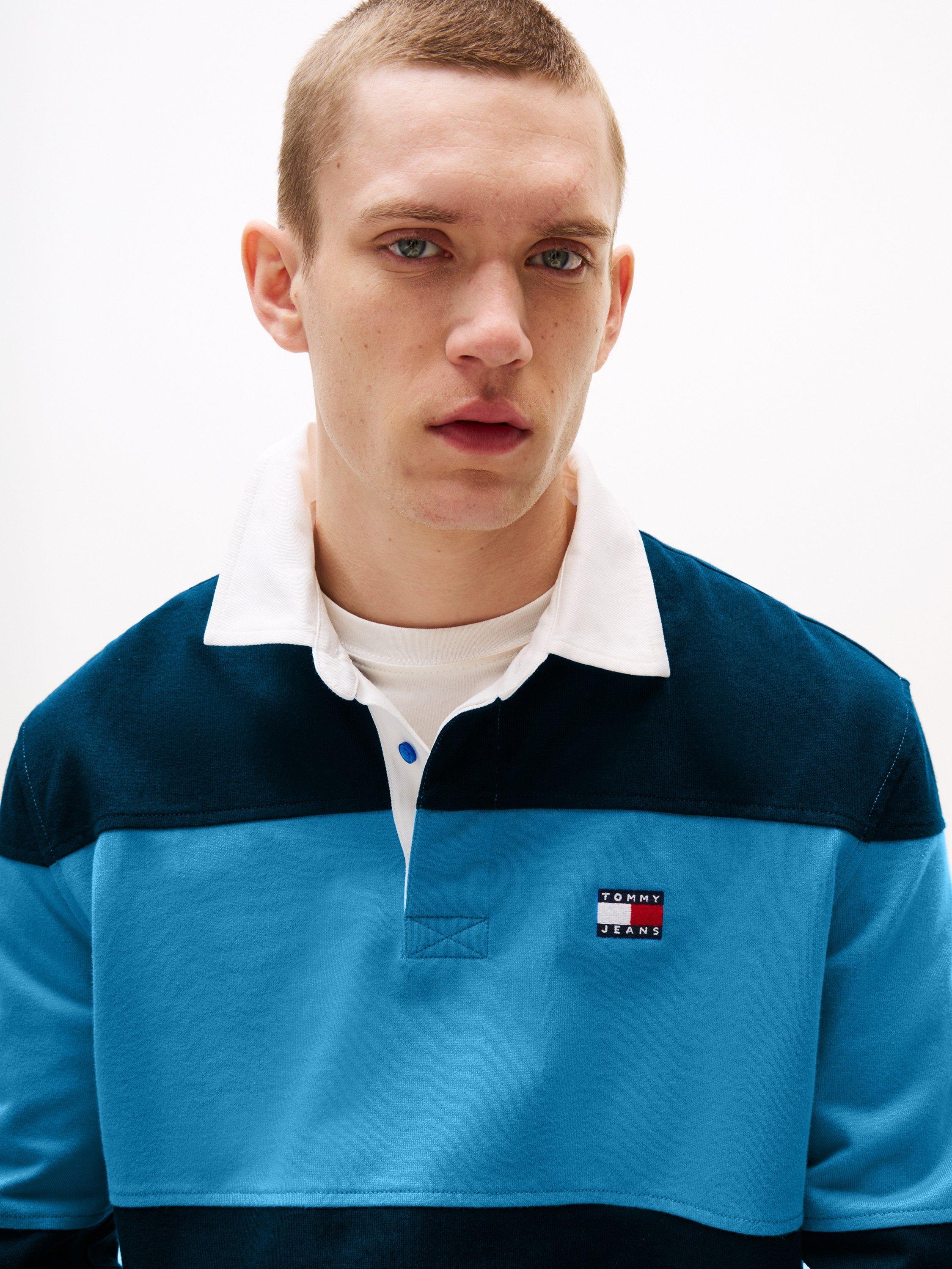 Product image 4 of 5, which shows Tommy Jeans Realxed Fit Striped Cotton Rugby Shirt, Navy/Multi, S