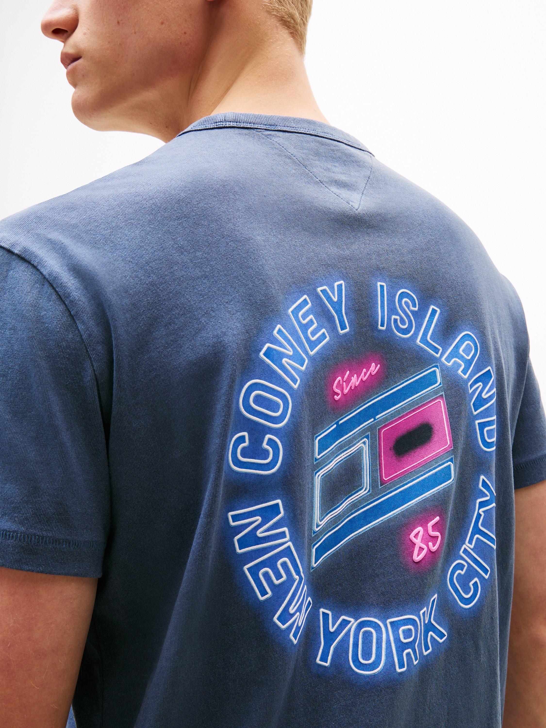 Product image 4 of 5, which shows Tommy Jeans Cotton Regular Fit Coney Island NYC Graphic T-Shirt, Navy/Multi, XS