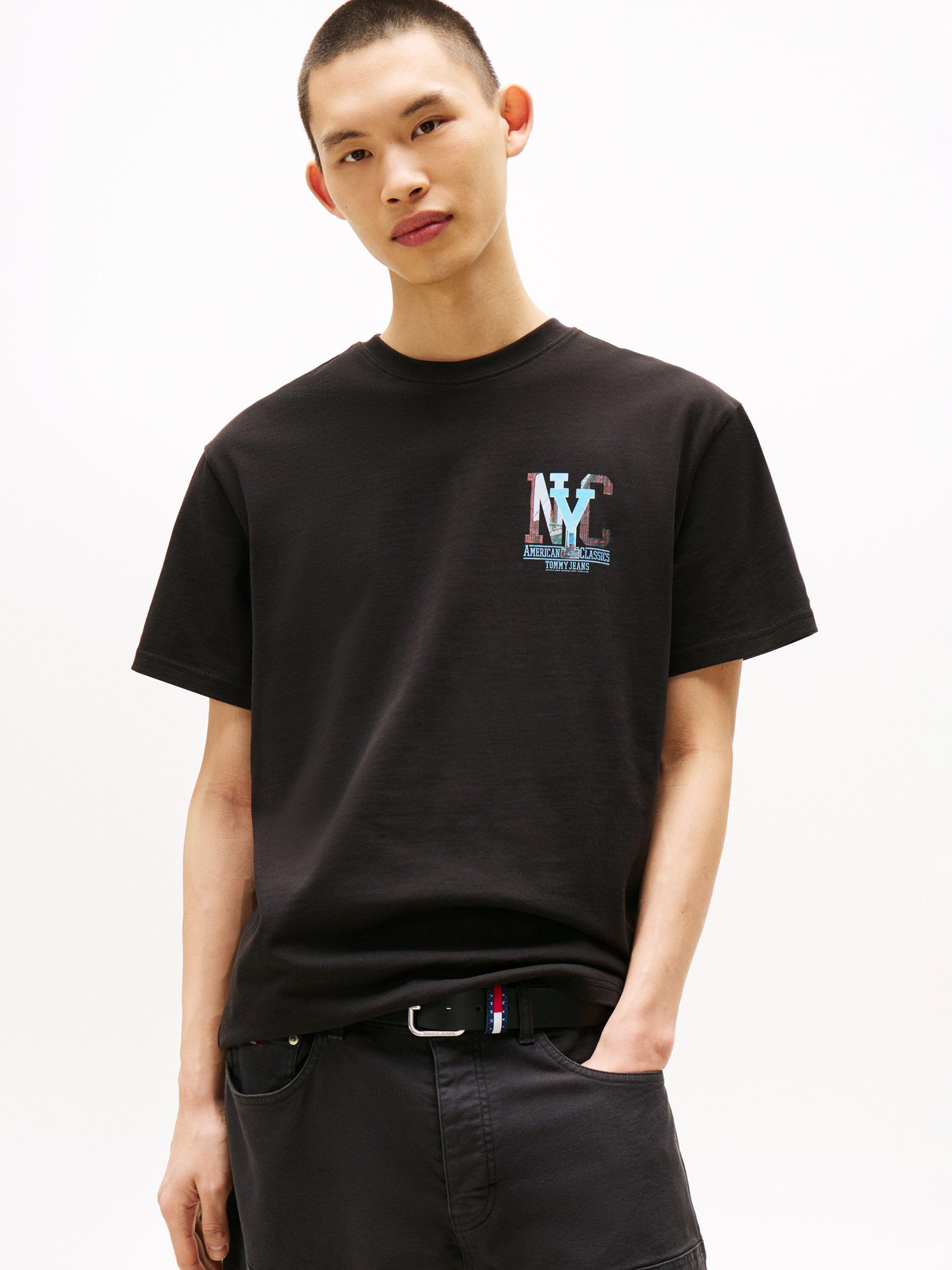 Product image 1 of 5, which shows Tommy Jeans Cotton Short Sleeve NYC Street Scene T-Shirt, Black/Multi, XS