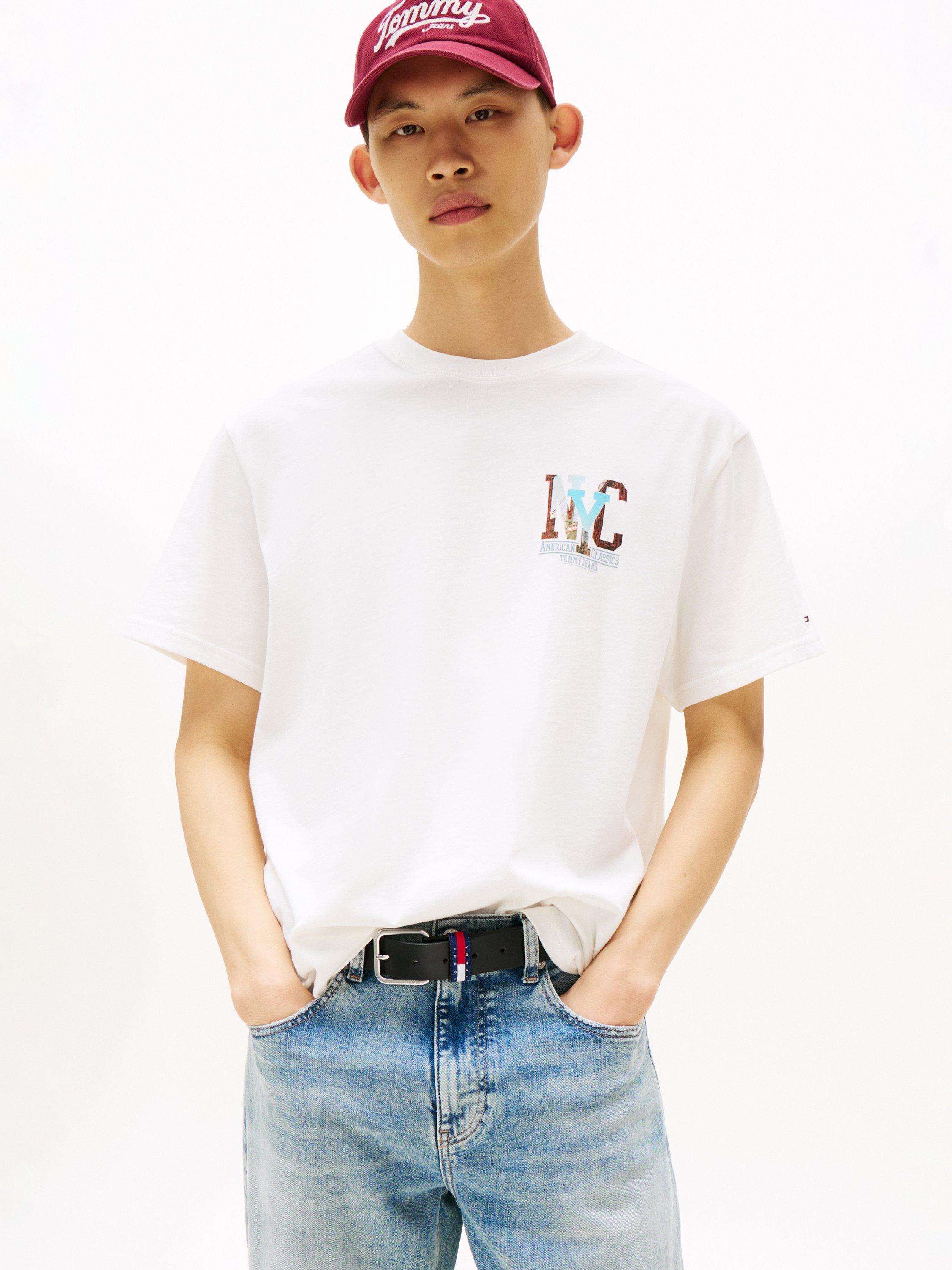 Product image 1 of 6, which shows Tommy Jeans Cotton Short Sleeve NYC Street Scene T-Shirt, Natural/Multi, XS