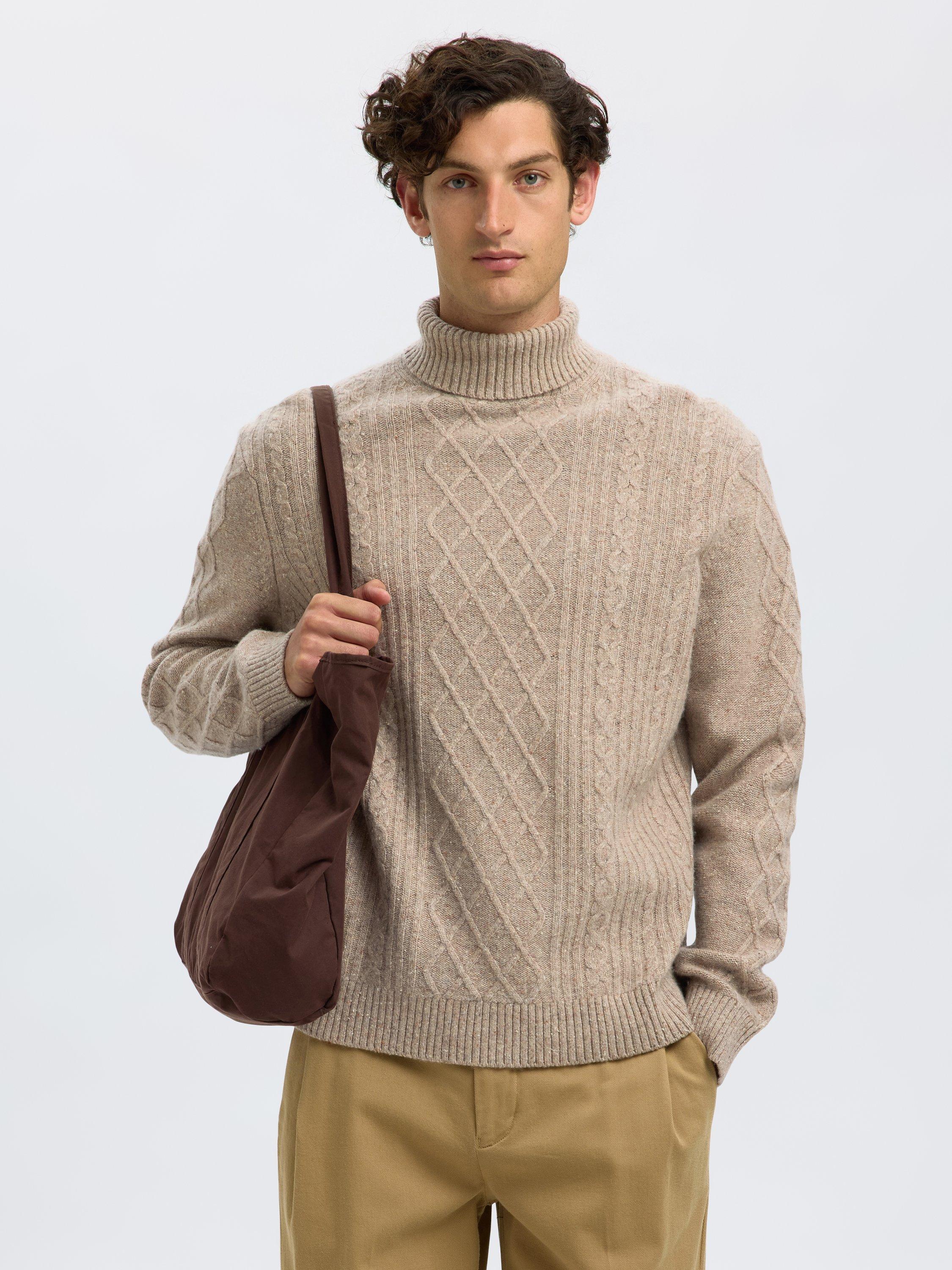 Product image 1 of 6, which shows Selected Neil Wool Blend Roll Neck Jumper, Oatmeal, M