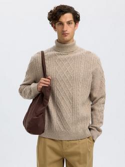 Selected Neil Wool Blend Roll Neck Jumper, Oatmeal, Oatmeal