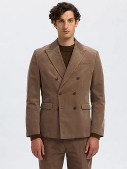 Selected Duca Tailored Fit Cotton Double Breasted Suit Jacket, Brownie, Brownie